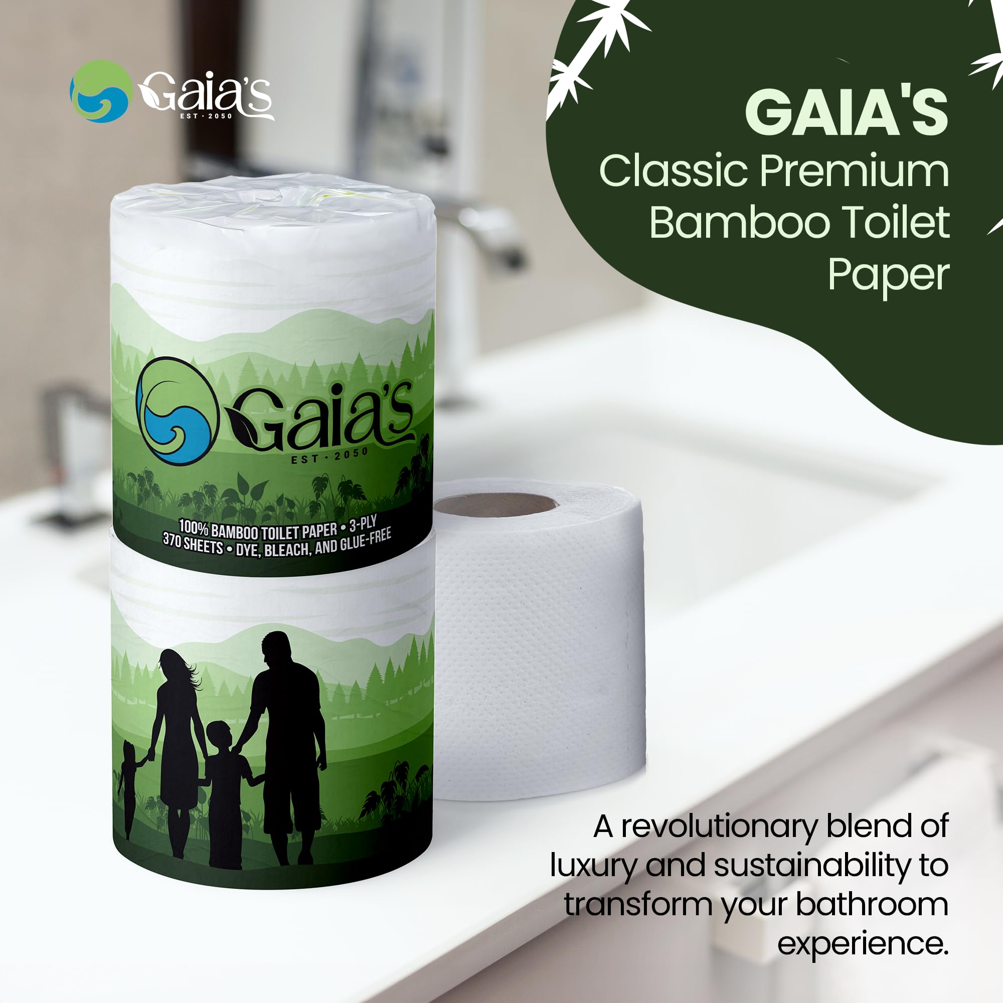 GAIA'S - Papel Higiénico de Bambú Orgánico Suave y de, 48 Megas Rollos, 3 Capas, 370 Hojas, Certificado FSC, Libre de PFAS y BPA, Ecológico, Papel Sostenible, Embalaje Sin Plástico, Seguro