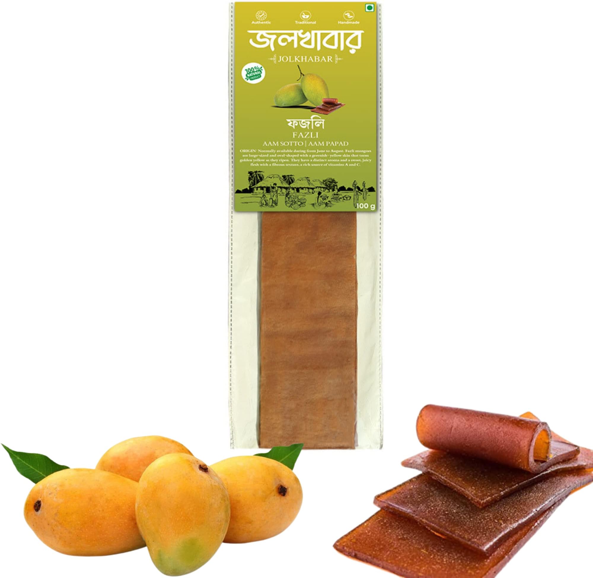JOLKHABAR | FAZLI AAM Sotto | Fazli Mango Aam Papad | Aam Sotto | 100% Natural | Sundried | Authentic - Traditional - Handmade | Natural Sweetness of Mango | 100gm Pack
