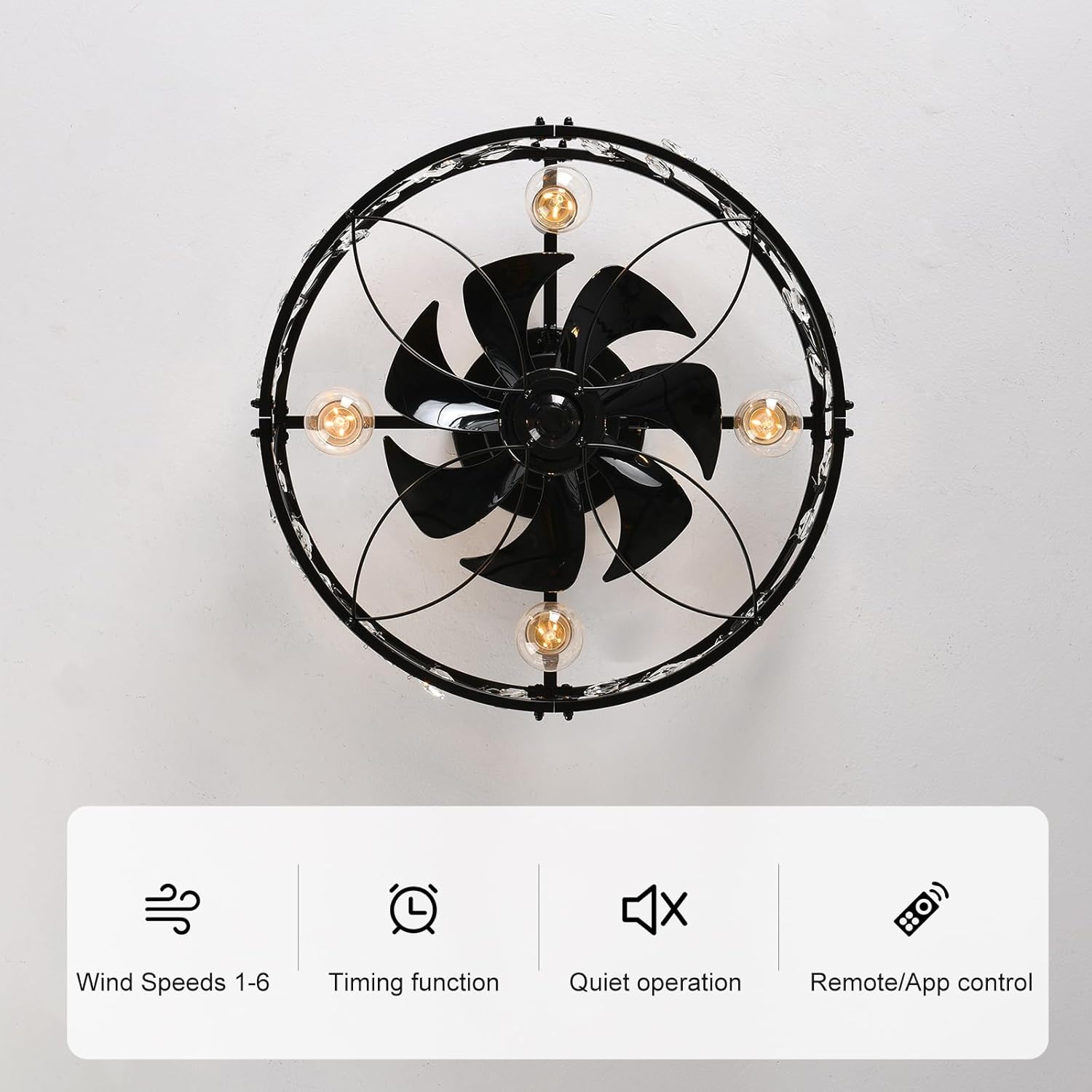 Garwarm 20in Caged Ceiling Fan with Light,Rustic Industrial Ceiling Fans with Lights and Remote,Bladeless Black Fandelier Ceiling Fan,Flush Mount Fan Lights for Kitchen,Bedroom（6 Speed,Timing）