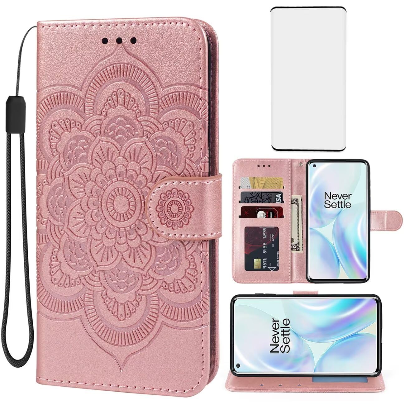 Étui portefeuille OnePlus 8 or rose rabat cuir et verre trempé - 8