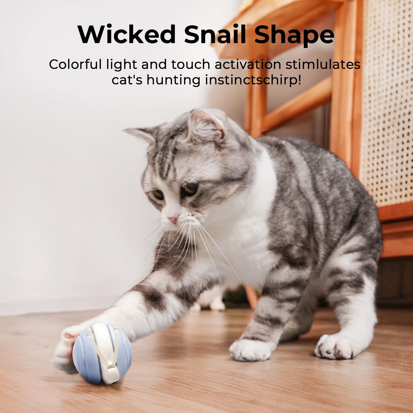 Cheerble Interactive Cat Toy for Indoor Cats, Wicked Snail, [2024 Upgraded] Kitten Toys, Automatic Cat Toy with LED Lights, DC Rechargeable Moving Cat Toy, Smart Sensing Electric Cat Toy (Blue)