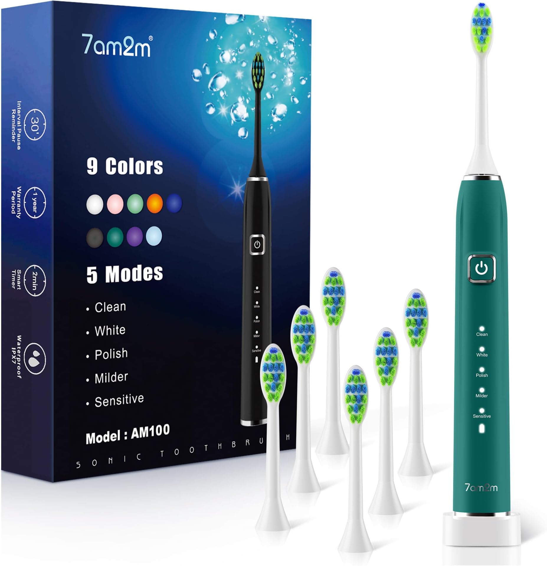 7AM2M Sonic Electric Toothbrush with 6 Brush Heads for Adults&Kids, One Charge for 120 Days, Wireless Fast Charge, 5 Modes, 40000VPM Powered Toothbrush, 2 Minutes Built in Smart Timer - Peacock Green