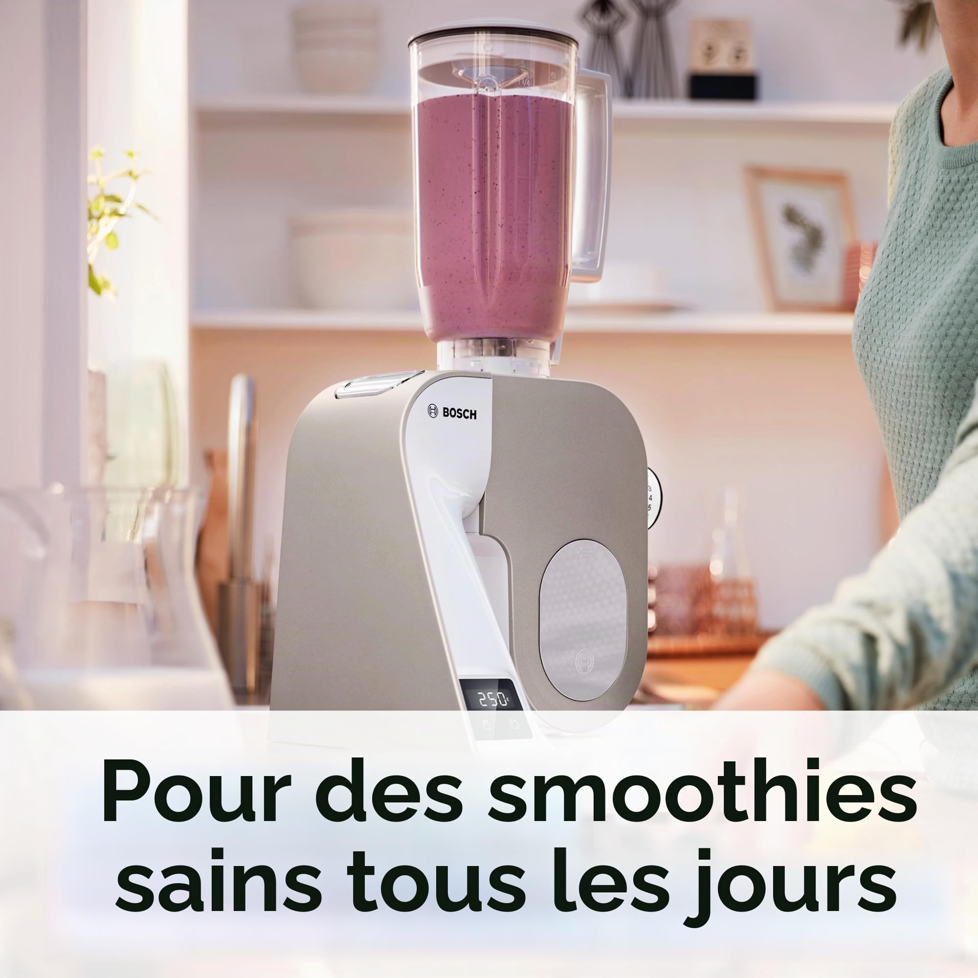 Robot pâtissier Bosch MUM5XW20 – Machine puissante 1000 W pour mélanger, pétrir & couper – 7 vitesses + turbo – Balance intégrée – 10 accessoires – Couleur : blanc/champagne