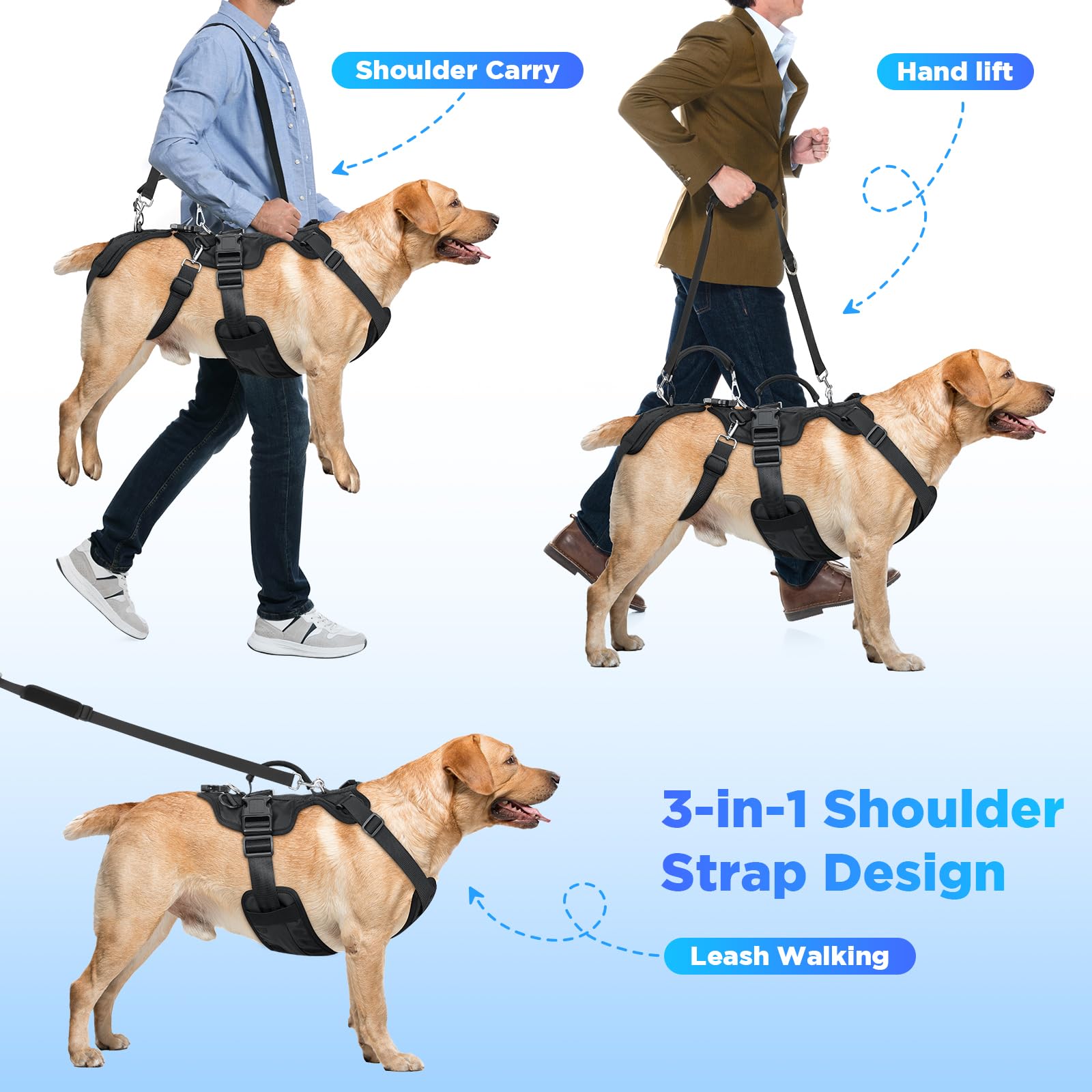 Arnés de elevación para perros, soporte de cuerpo completo y correa de recuperación con correa trasera para la pierna, diseño para perros grandes/medianos, arnés de ayuda de movilidad para mascotas