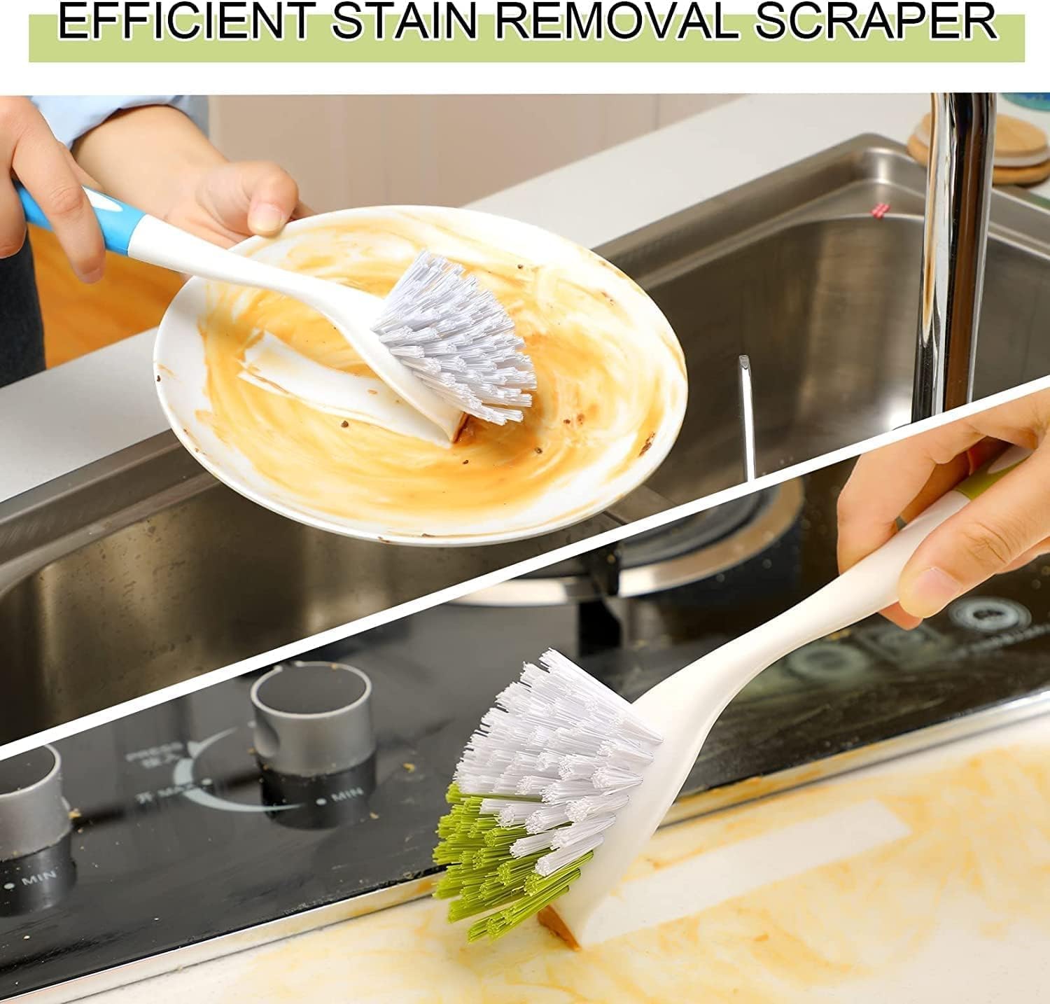 Aputue Saplı bulaşık fırçası, 2 adet mutfak temizleme gereci, sert kıllı fırça ile yerleşik kazıyıcılı tasarım, tencere tava ve lavabo için ergonomik tutuşlu etkili ev temizlik yardımcısı