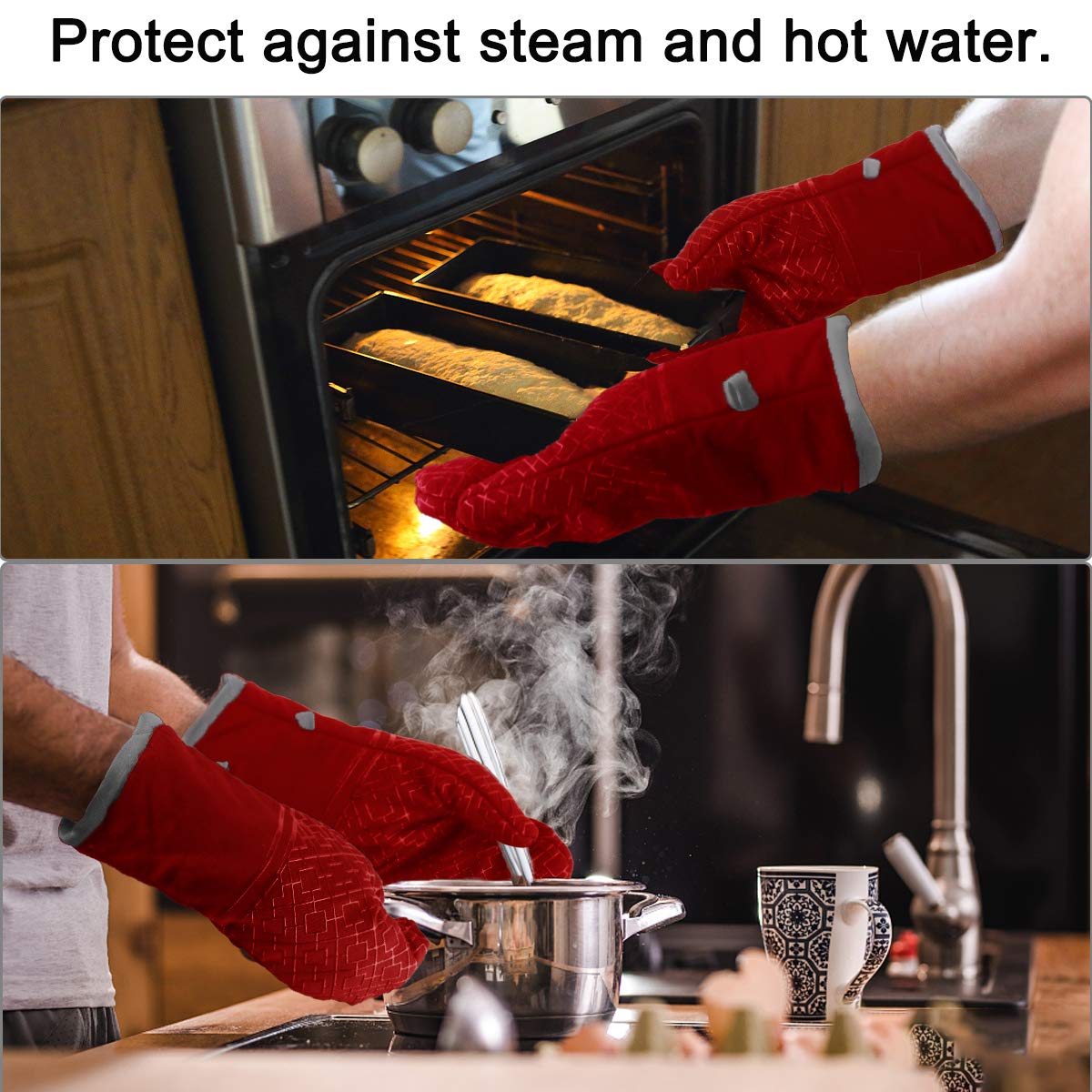 Guantes de Horno, Guantes Horno, Guantes y Agarraderas para Horno, Juegos de Guantes de Silicona Profesionales Antideslizantes Resistentes al Calor, Guantes de Cocina para Cocinar, Hornear y Asar(rojo