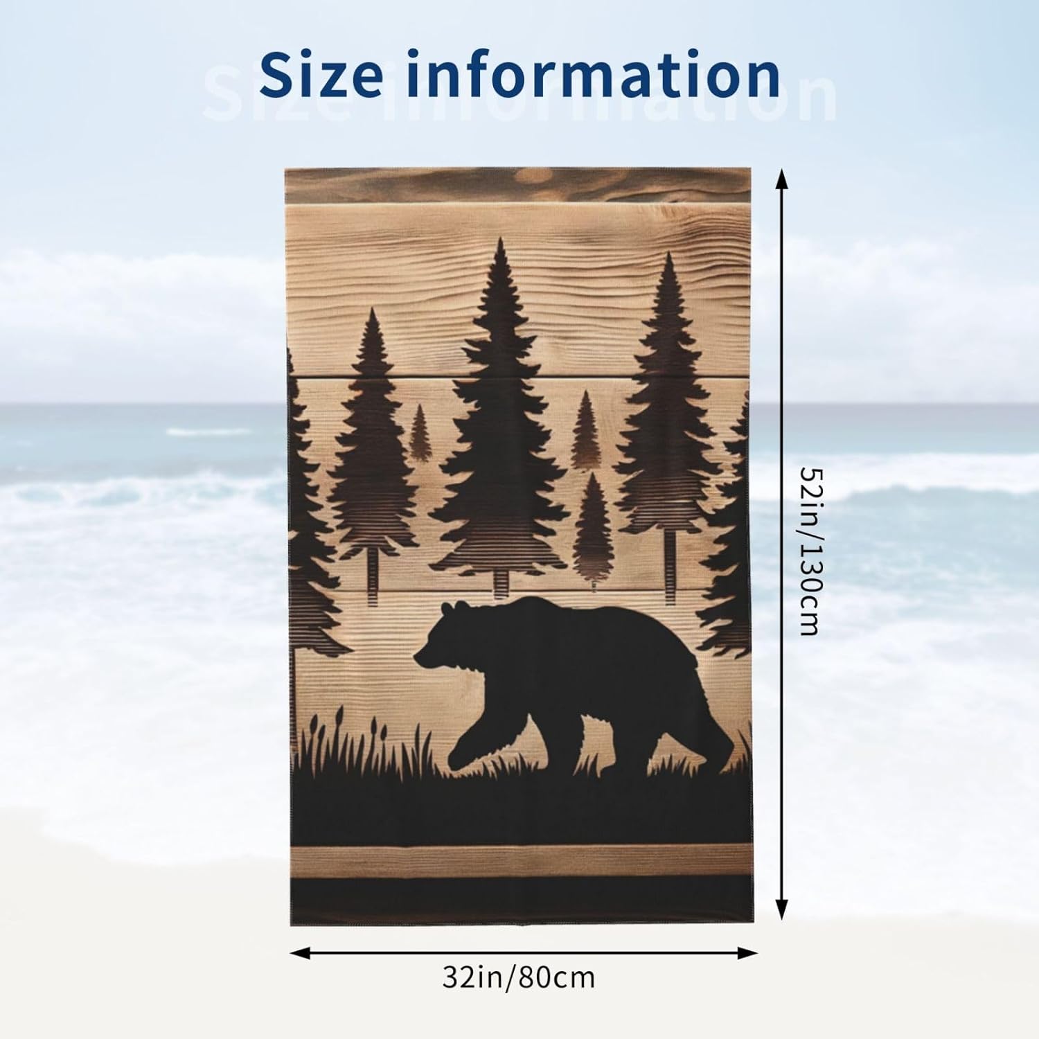 Rustic Bear Beach Towel, 32x52in Microfiber Quick Dry Gold Pine Forest Woodcut Silhouette Nature Bath Towels, Soft Lightweight Oversized Sand Free, for Travel Pool Swimming Gym Decor, Gifts