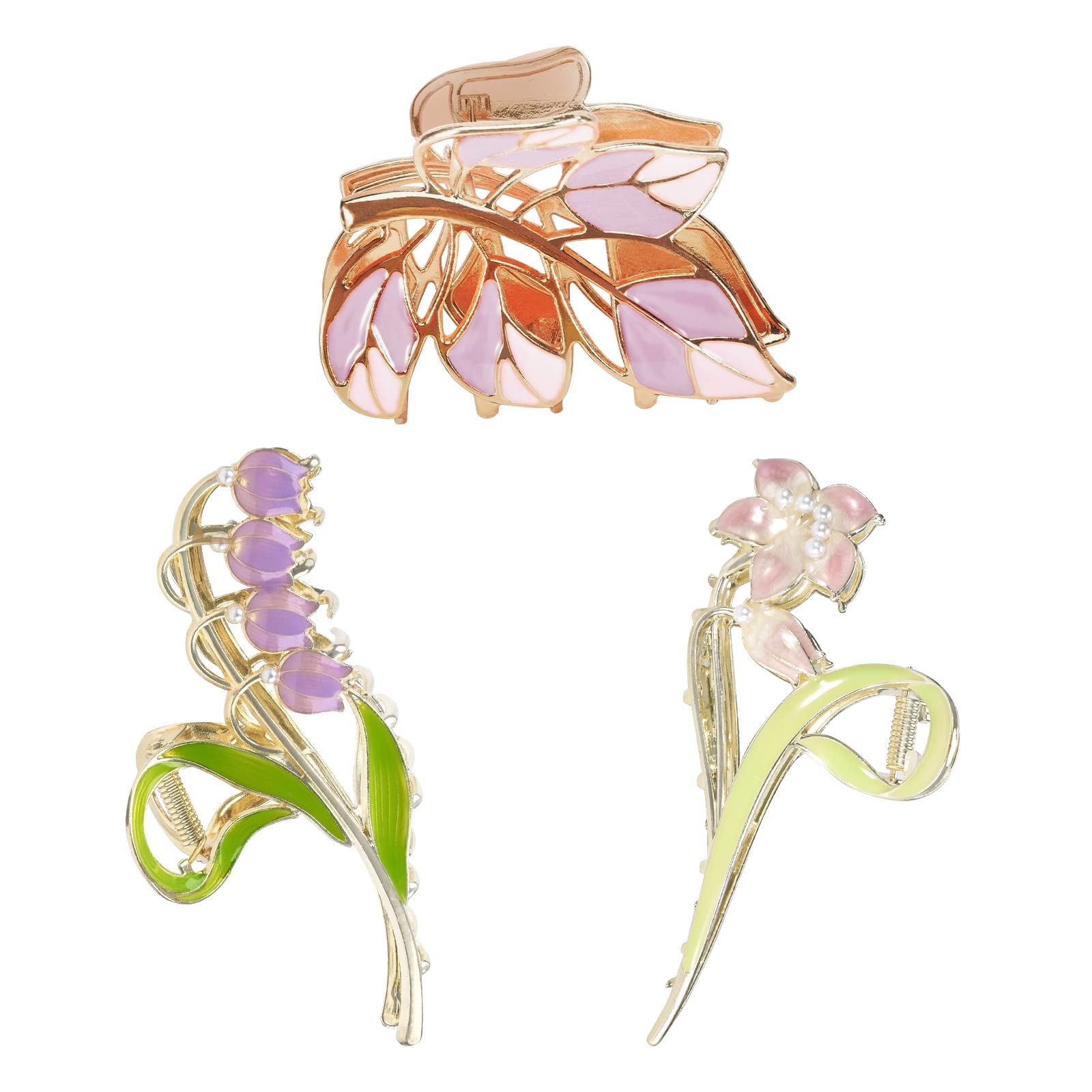 Yonchic 3-Piece Flower Metal Hair Clips, Purple Leaves Shape Hair Claw for Thin/Medium Hair, Elegant Lily Floral Barrettes - Strong Hold, Non-Slip