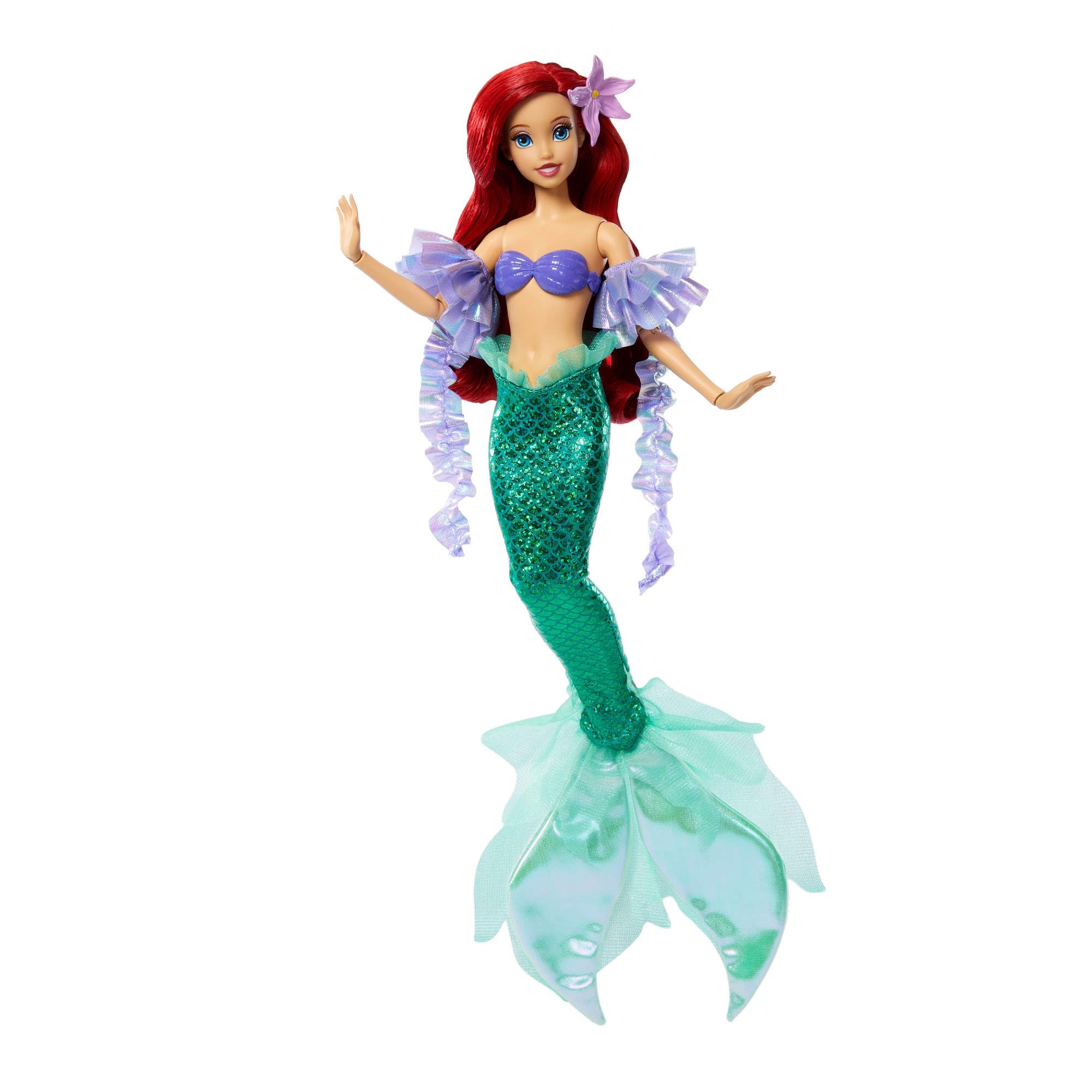 Mattel Disney Princesas Sparkling Princess Ariel Muñeca y Accesorio con Cola extraíble, Mangas y Pasador para el Pelo con Flor, Inspirada en la película, JLK25