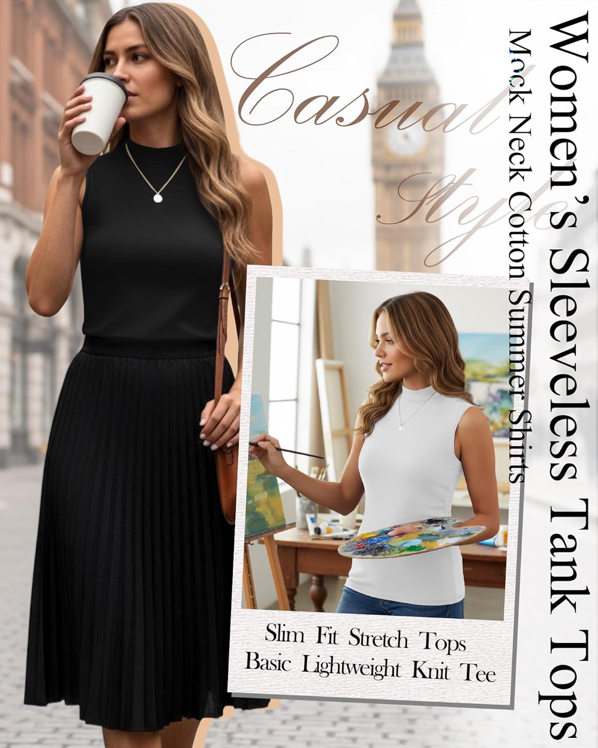 Ficerd 3 Pack Women's Sleeveless Tank Tops, Mock Neck Summer Shirts Slim Stretch Basic Tops Lightweight Knit Tee - Image 5