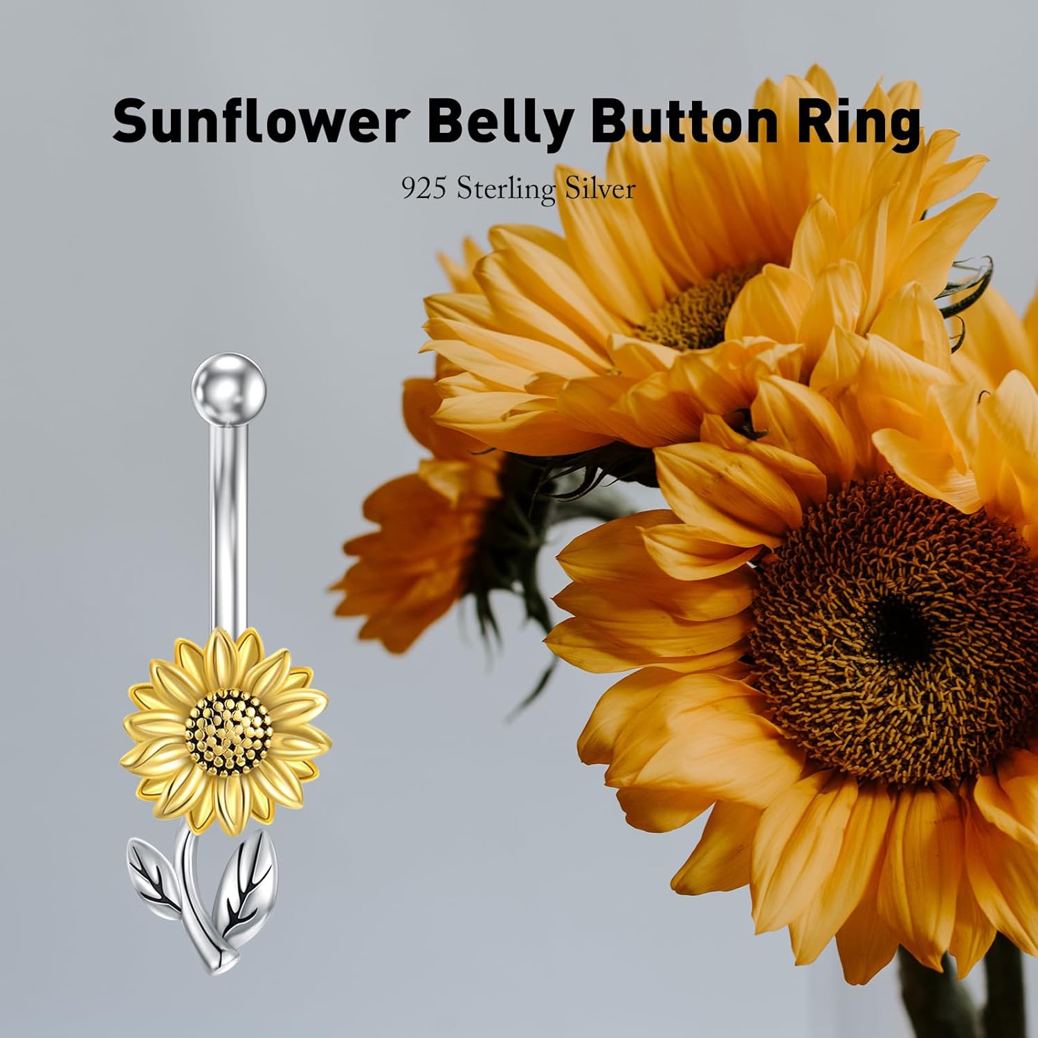Sunflower Belly Button Ring 925 Sterling Silver Sunflower Navel Ring Flower Dangle Belly Piercing Jewelry for Women - Image 3