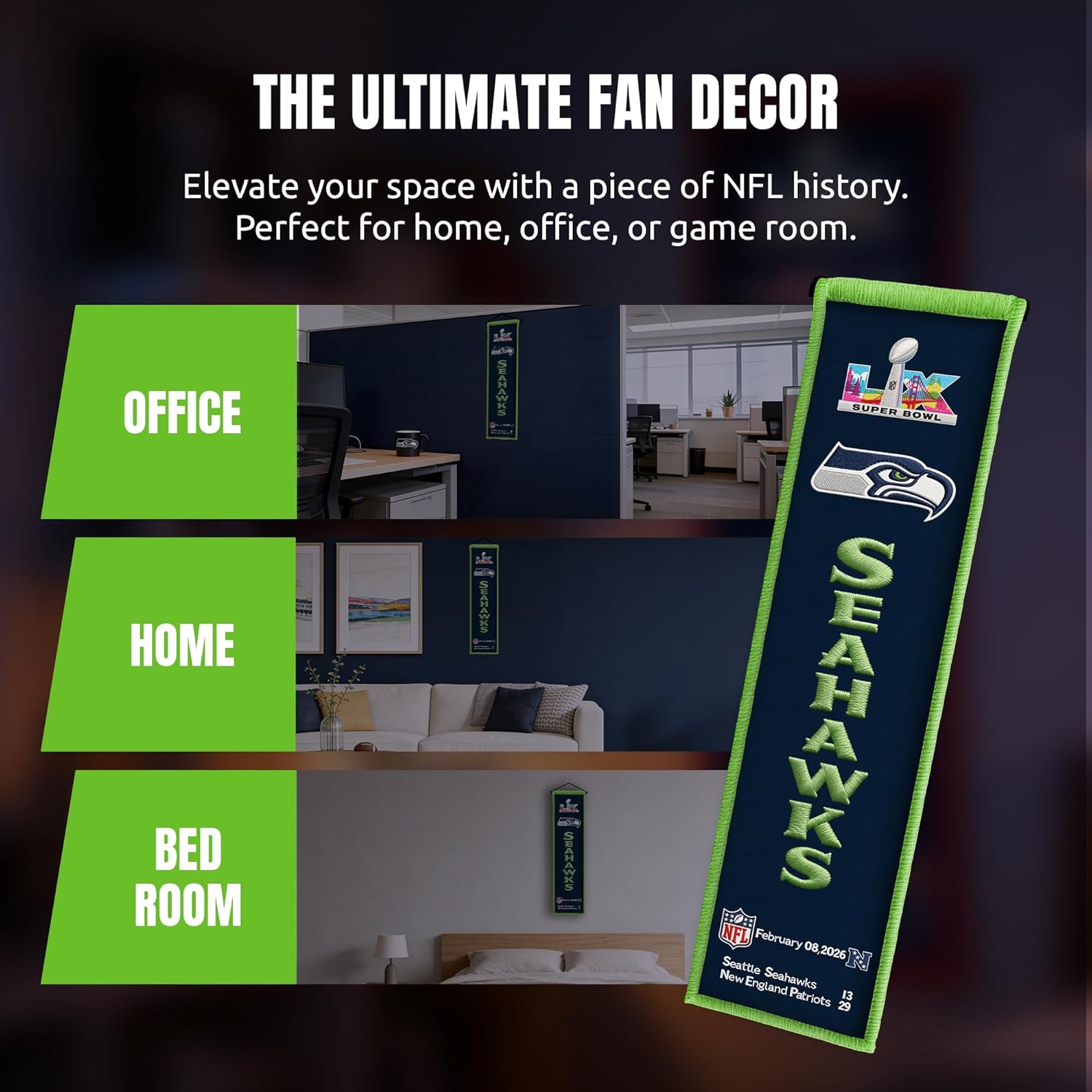 Seattle Seahawks Super Bowl 60 Champions Heritage Banner Wall Decor, Official NFL Football Banner, 8 x 32 - Image 5