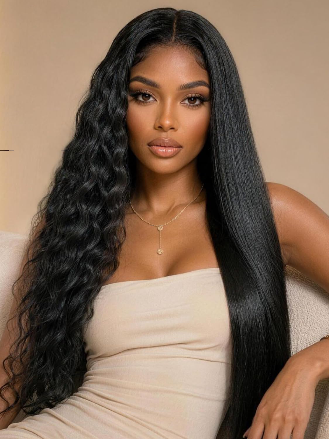 KLAIYI 2 In 1 Straight to Water Wave Glueless 7x5 Lace Wig Human Hair 18" Straight to Water Wave | 7x5 No Slip | Natural Color 18 Inch