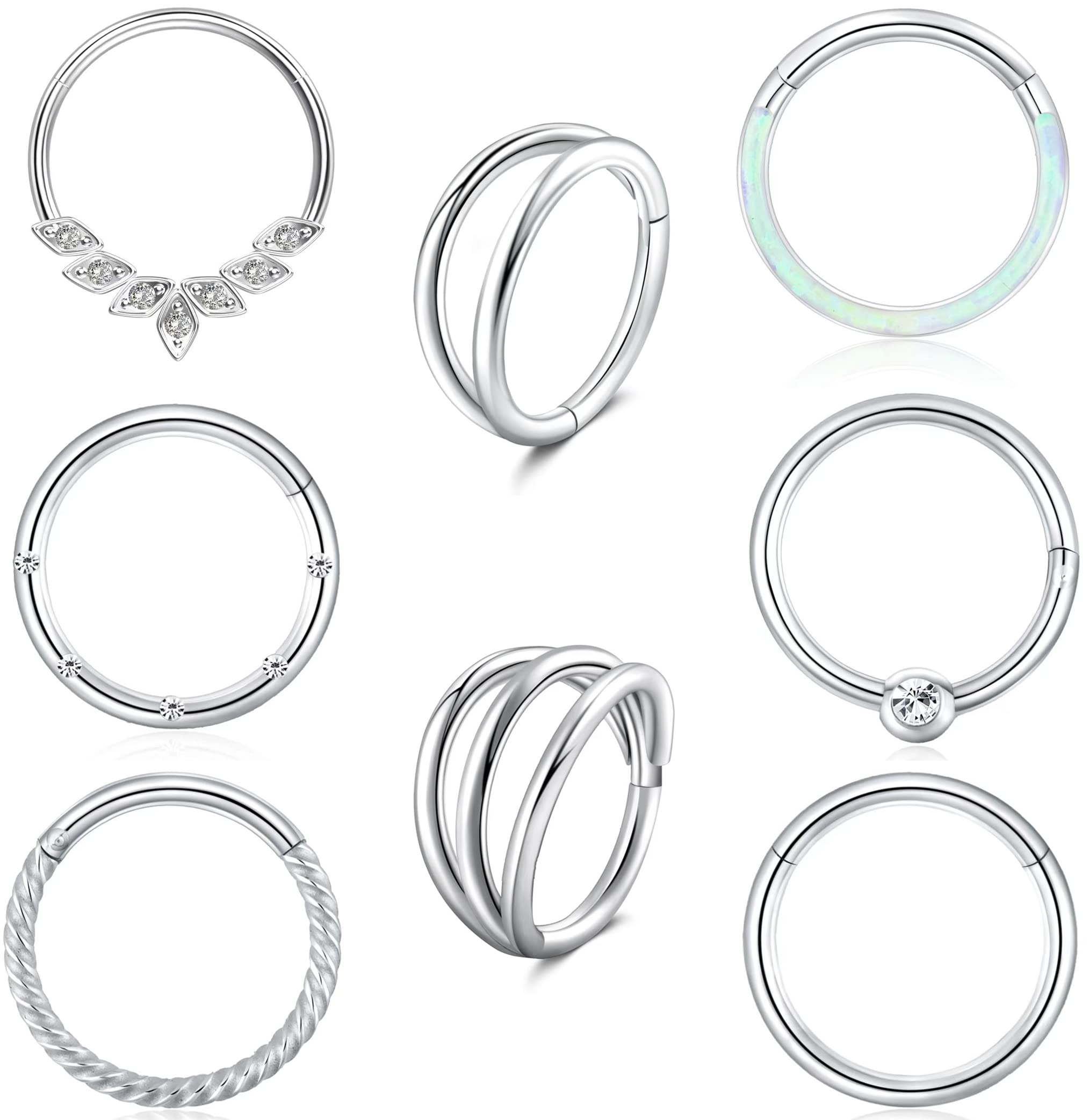 SONNYX8 PCS 16G Surgical Steel Nose Rings Hoop for Women Opal CZ Clicker Hinged Septum Nose Ring Lip Helix Cartilage Hoop Earring Daith Rook Conch Nose Piercing Jewelry for Women 8mm 10mm