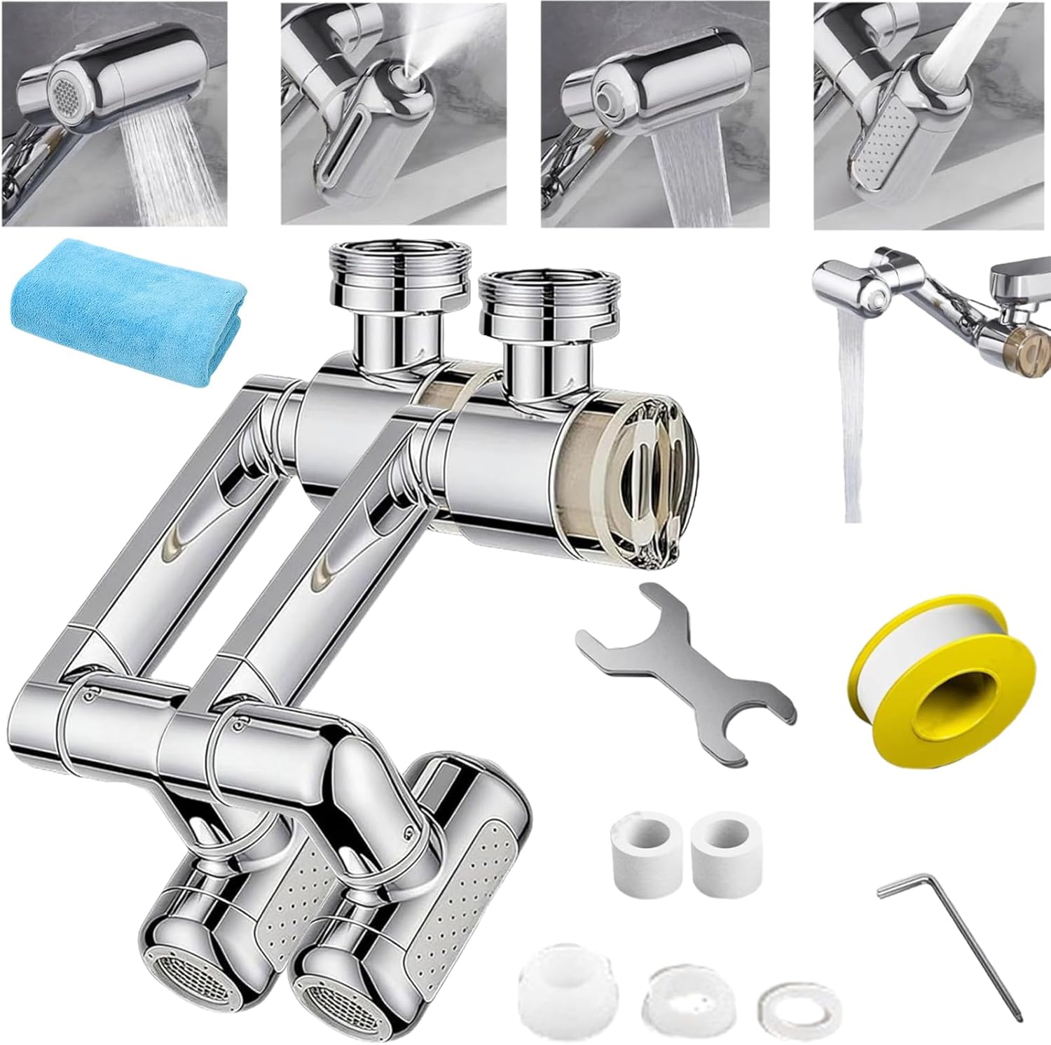 1440° Rotating Faucet Extender with Upward Facial Mist, 4 Water Modes & Built-In Filter, Convenient and Fast, Brass Robotic Arm Faucet Attachment, Universal for Bathroom and Kitchen (2pcs)