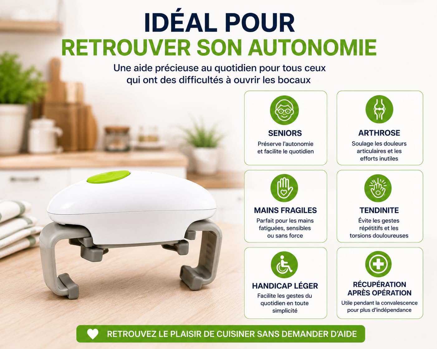 Abridor de frascos eléctrico automático ONE TOUCH KC12 – Función manos libres para personas mayores y personas con artritis – Utensilio de cocina ergonómico y fácil de usar – Un solo botón – Blanco