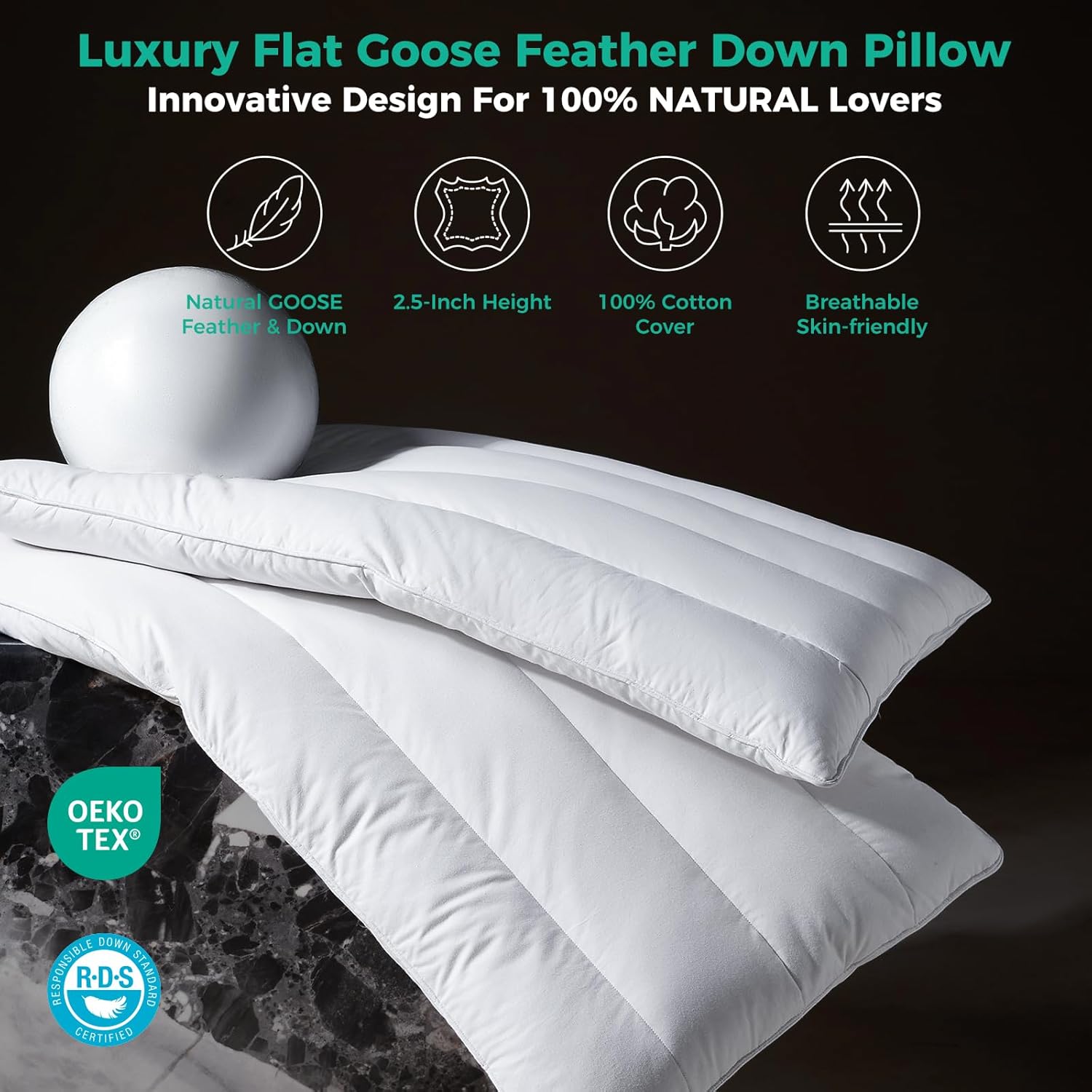 Three Geese Luxury Thin Flat Goose Feather Down Pillows Queen Size Set of 2, 2.5" Height, 100% Cotton Cover, Medium Firm Hotel Collection Ultra Slim Thin Bed Pillows, Machine Washable, 18 x 30 Inches