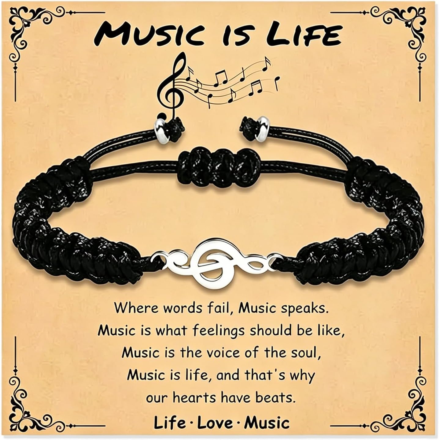 Stainless Steel Music Note Bracelet, Black Nylon Rope Adjustable Bangle for Music Lovers & Teachers
