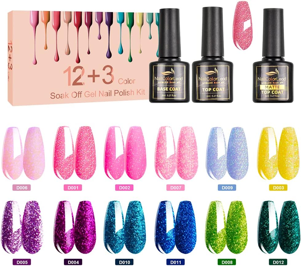 Screpreti Glitter Gel Nail Polish Set,15Pcs Glitter Nail Polish with Base Glossy Matte Top Coat