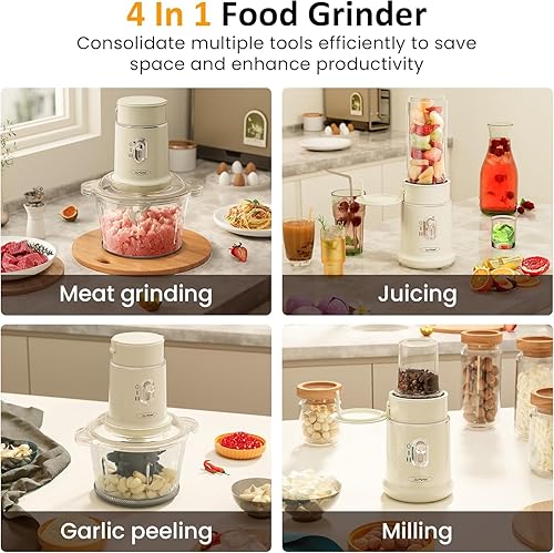 Miniatura 3 de Licuadora y procesador de alimentos, 4 funciones para moler carne, pelar ajo y jugo, 2 licuadoras de alta velocidad con cuenco de vidrio de 1.5 L y