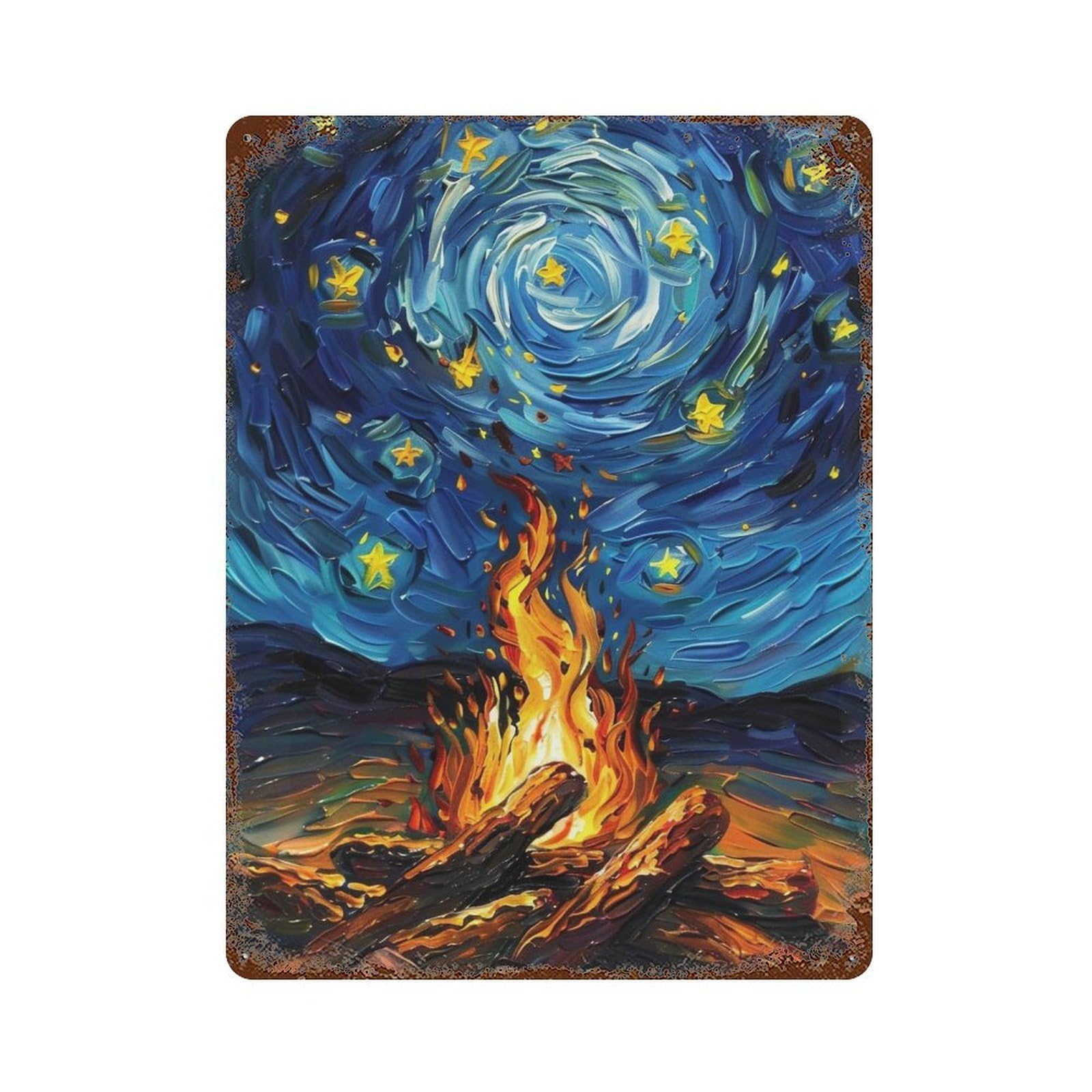 WIHYRTUI Post Impressionist Twirl Indigo Night Flaming Bonfire 04 Wall Retro Iron Metal Tin Sign Vintage Art Poster Modern Home Cofffee Club Art Bar Shop Decor Style 40x30cm