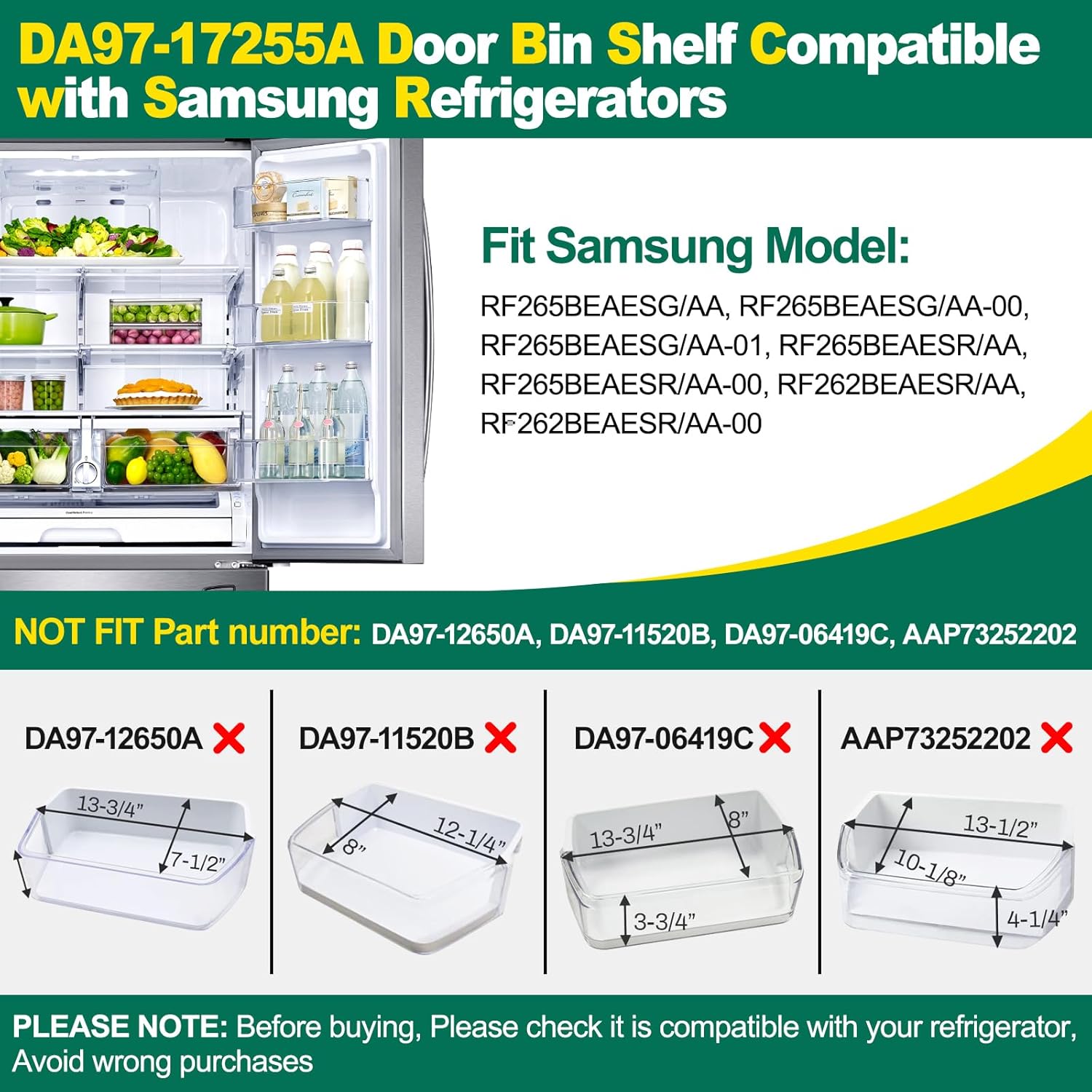(2 PACK) UPGRADED DA97-17255A Refrigerator Door Bin Replacement, Compatible with Samsung Refrigerator Door Shelf Right Replacement Part RF265BEAESG, RF265BEAESR, RF262BEAESR with Food Storage Bags