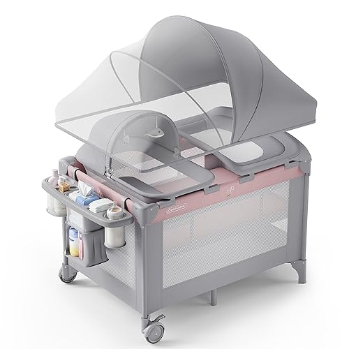 Miniatura 7 de Corralito 4 en 1 para bebé con moisés, nido para dormir, cambiador, red anti mosquitos y dosel, almacenamiento y juguetes para recién nacidos a