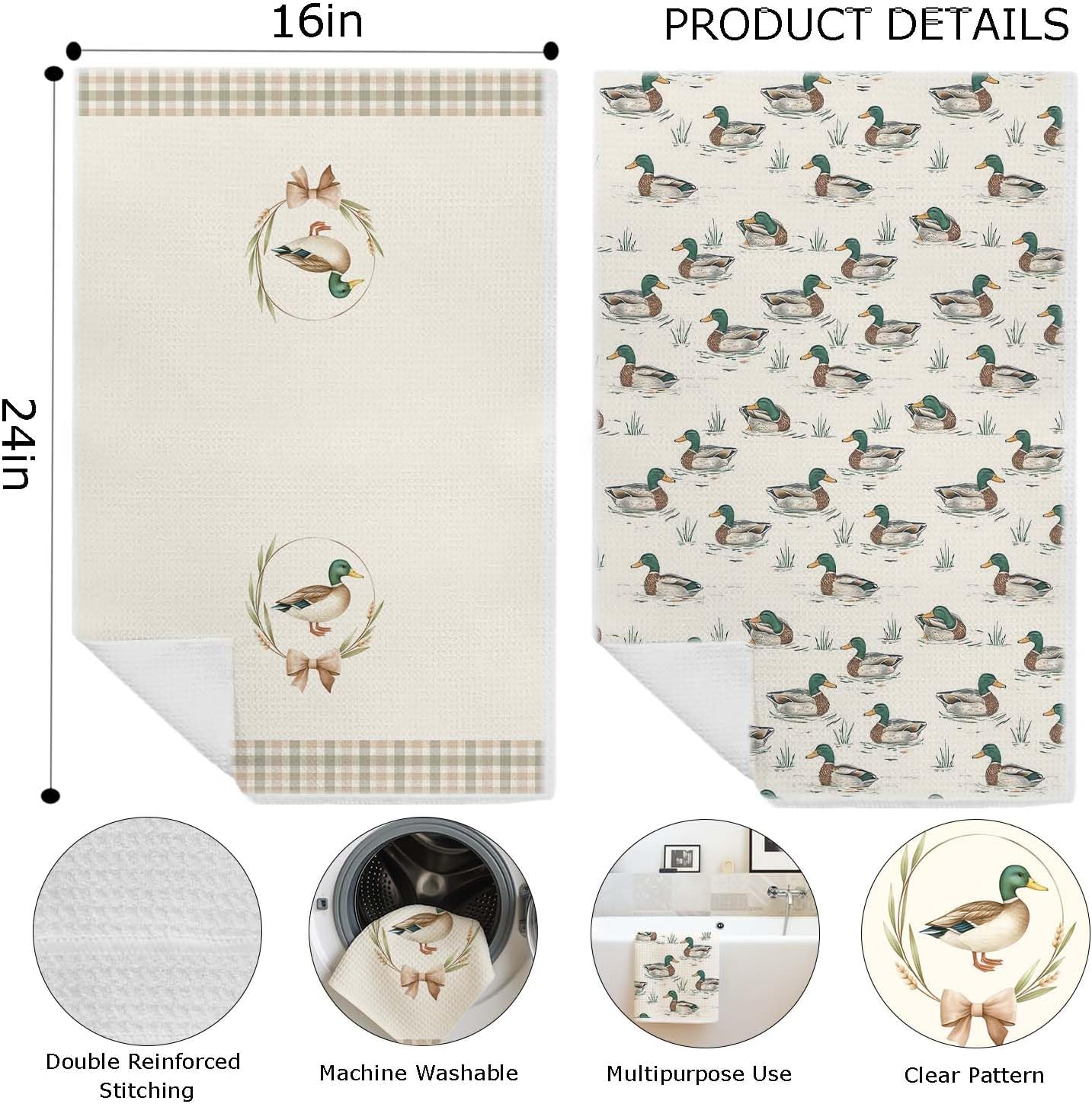 Rustic Mallard Duck Kitchen Towels, Mallard Duck Nursery Decor, Ducks Lovers Gifts Dish Tea Towel for Kitchen, Hunting Wild Waterfowl Decorative Hand Towels for Bathroom, 16x24 Inches Set of 2