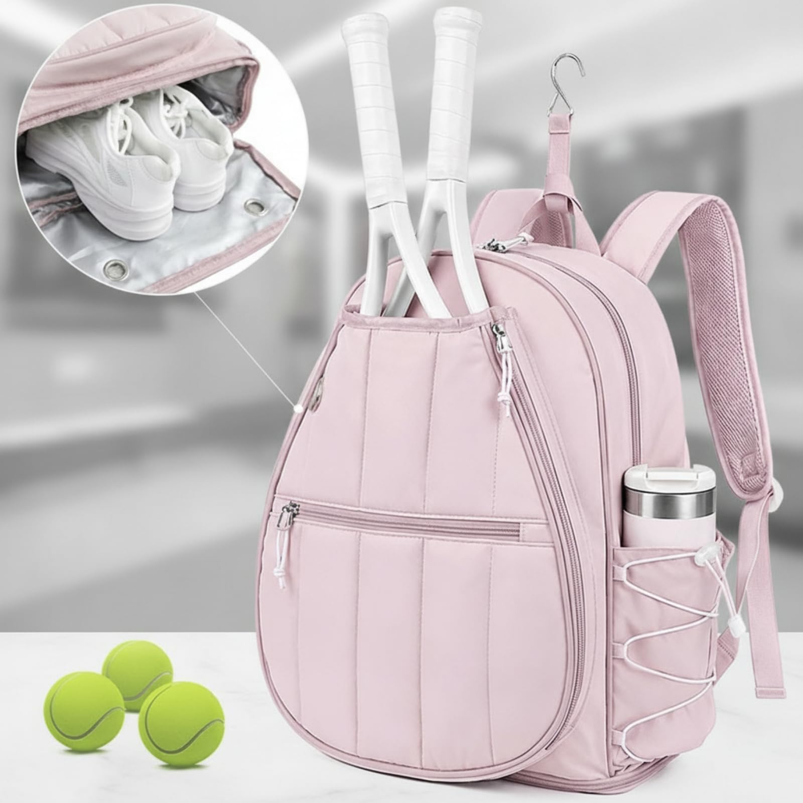 Bolsa Entrenamiento para Mujer con Compartimento para Zapatillas Mochila Tenis con Gancho y Panel Transpirable para Gimnasio y Viaje