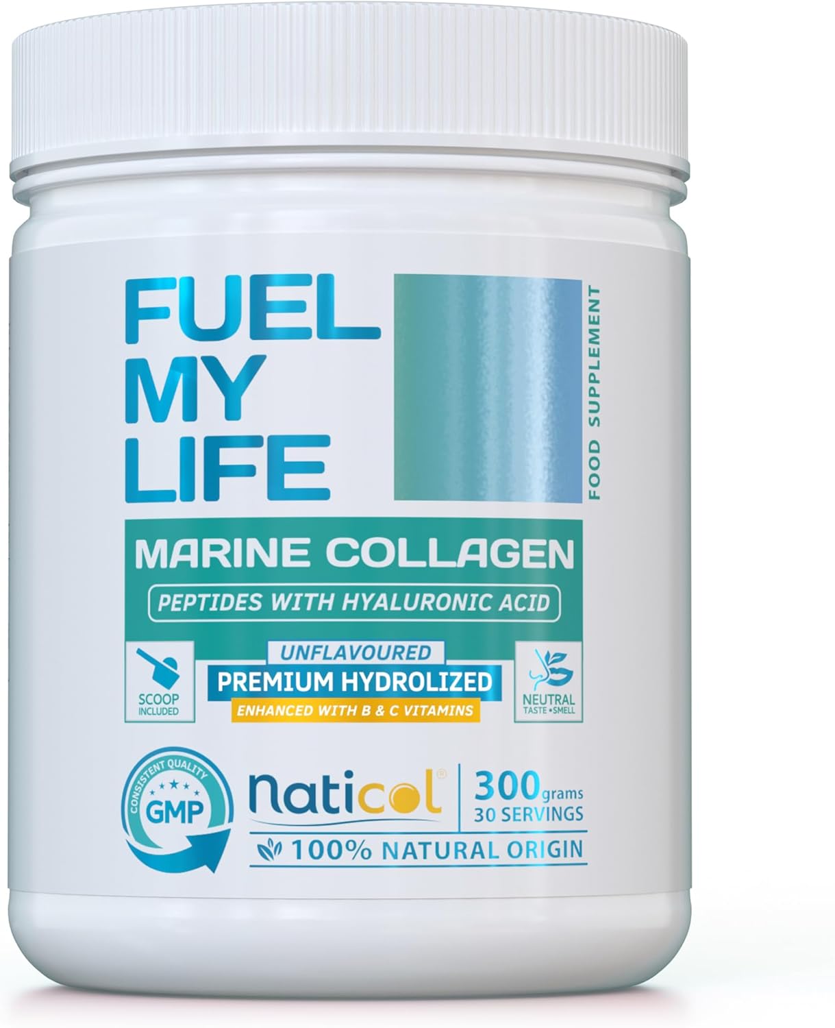 Marine Collagen Powder with Hyaluronic Acid – Naticol Premium Hydrolysed Peptides – 300g (30 Servings) – with D-Biotin, Vitamin C & B-Vitamins – Unflavoured – UK Made