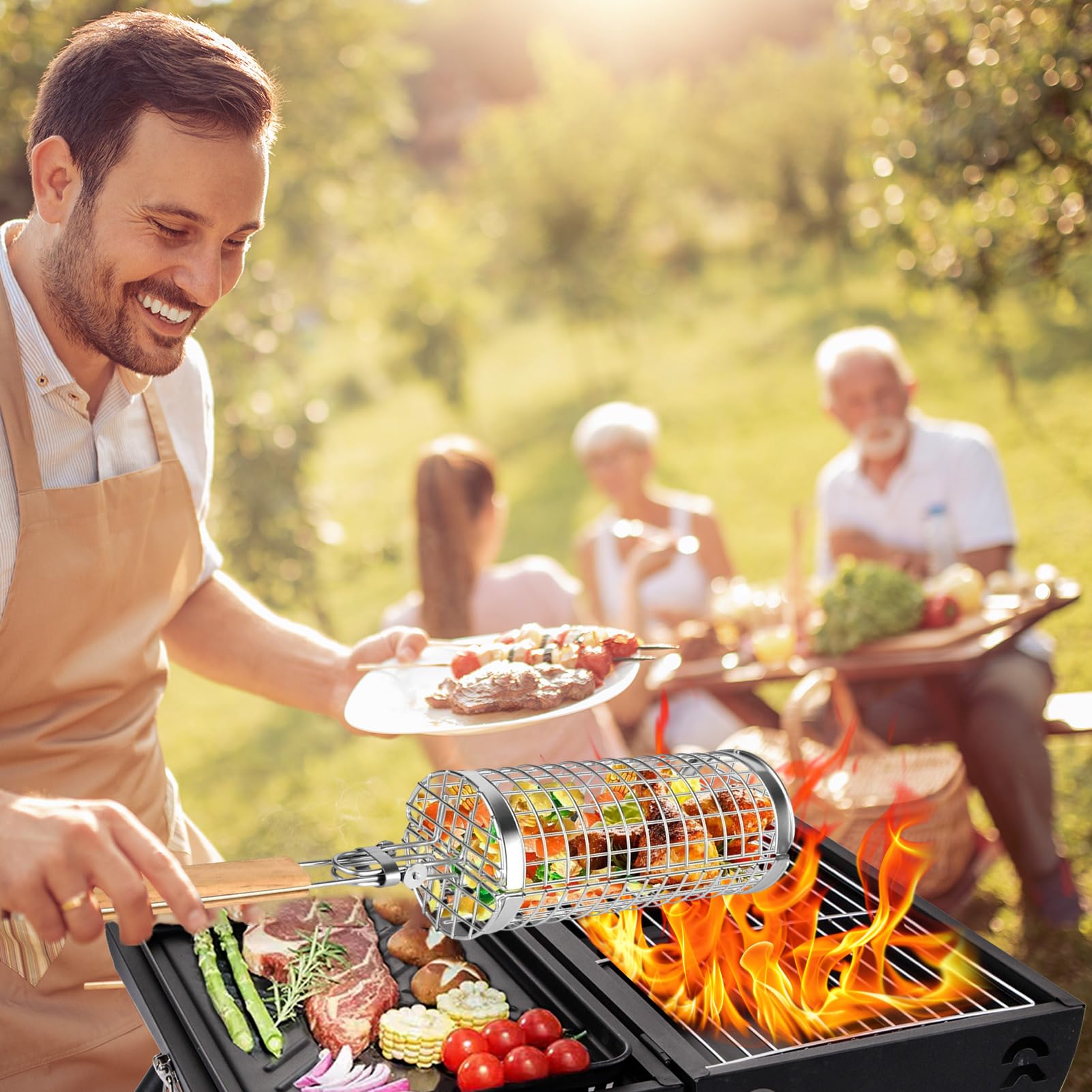BBQ Obrotowy Kosz Grillowy Zestaw 2 Okrągłych Grillów Obrotowych Ze | Kosze BBQ na Zewnętrznego Na Krewetki, Frytki, Dla Fanów Outdooru, Na Kemping, Spotkania Rodzinne, Pikniki