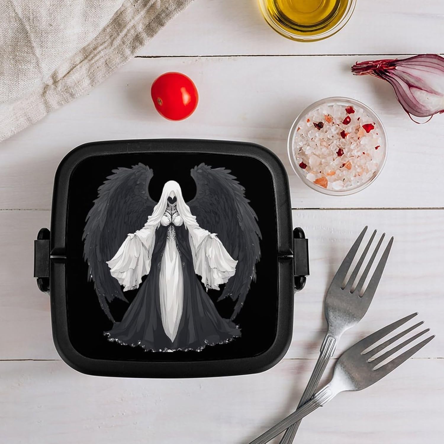 Death-Angels Skull Bento Box with Spoon 2 Layer Food Container Cute Lunch Box for Travel Dining Work