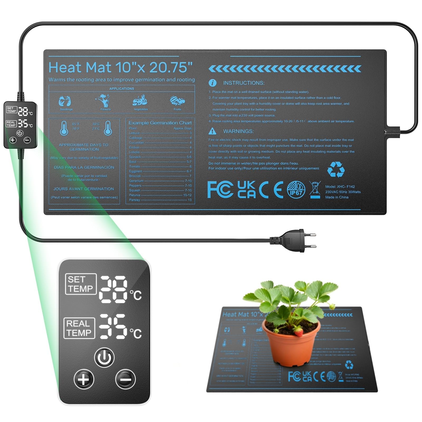 Mata grzewcza do roślin 30 W, z termostatem, 25 x 52 cm, z regulatorem temperatury od 0 do 50°C i wyświetlaczem LCD, wodoszczelność IP67, do kiełkowania sadzonek, hydroponiki, hodowli i szklarni
