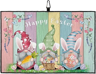 OComster Easter Gnomes Golf Towel with Carabiner Clip, Spring Floral Colorful Wood Microfiber Waffle Pattern Golf Towel, Golf Accessories for Cleaning Clubs and Balls, 24x16 in