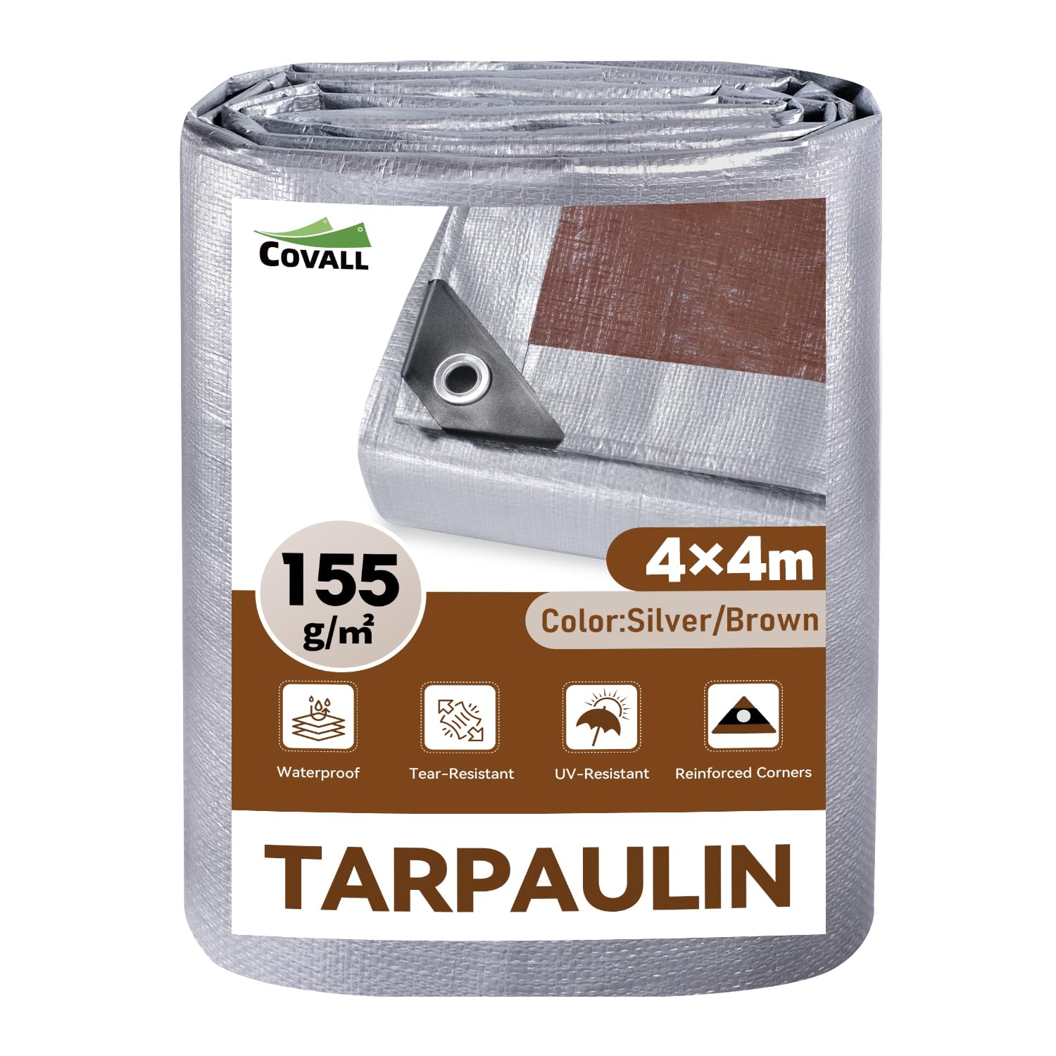 COVALL 4m x 4m Heavy Duty Tarpaulin 155gsm - Camping Garden Roof Waterproof Tarp, UV Resistant Tear Proof with Reinforced Grommets (Silver/Brown) — image 1