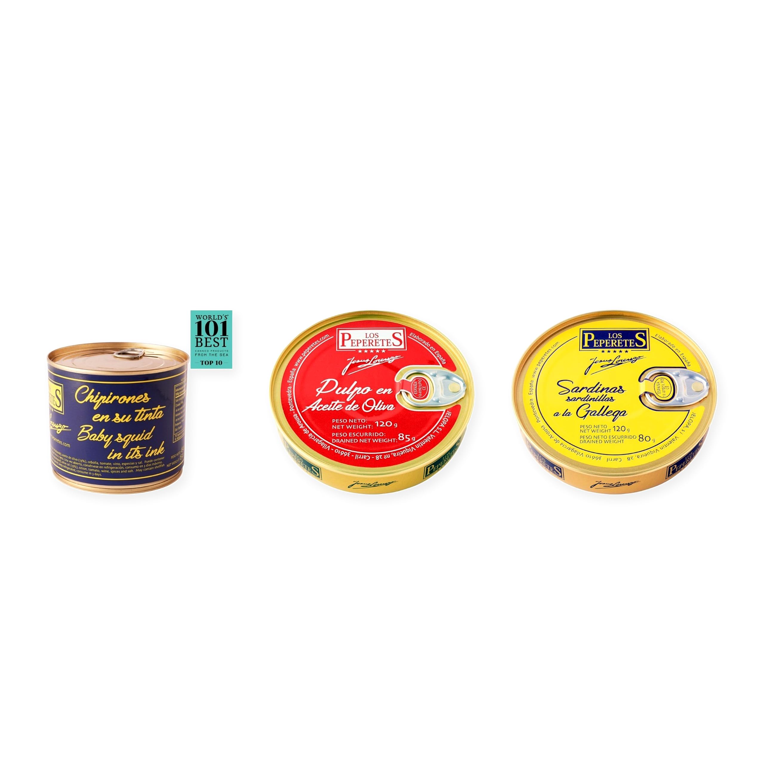 los peperetes conservas Chipirones Tinta 460g, Pulpo Aceite Oliva y Sardinillas Gallega pack 3 latas
