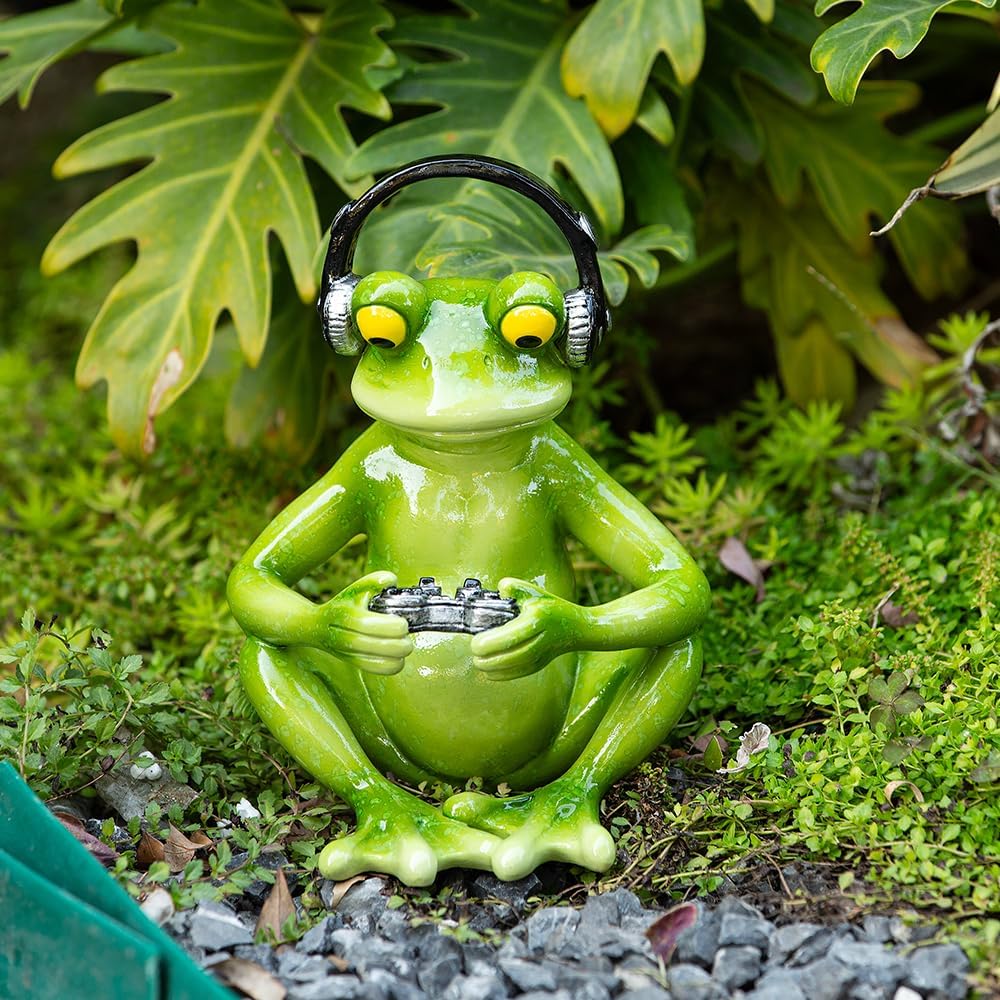 Funny Frog Playing Game Sculpture - Indoor and Outdoor Humorous Resin Decorations Suitable for Home Desk or Garden Decoration, Unique Gifts, and Birthday Gifts for Player Friends