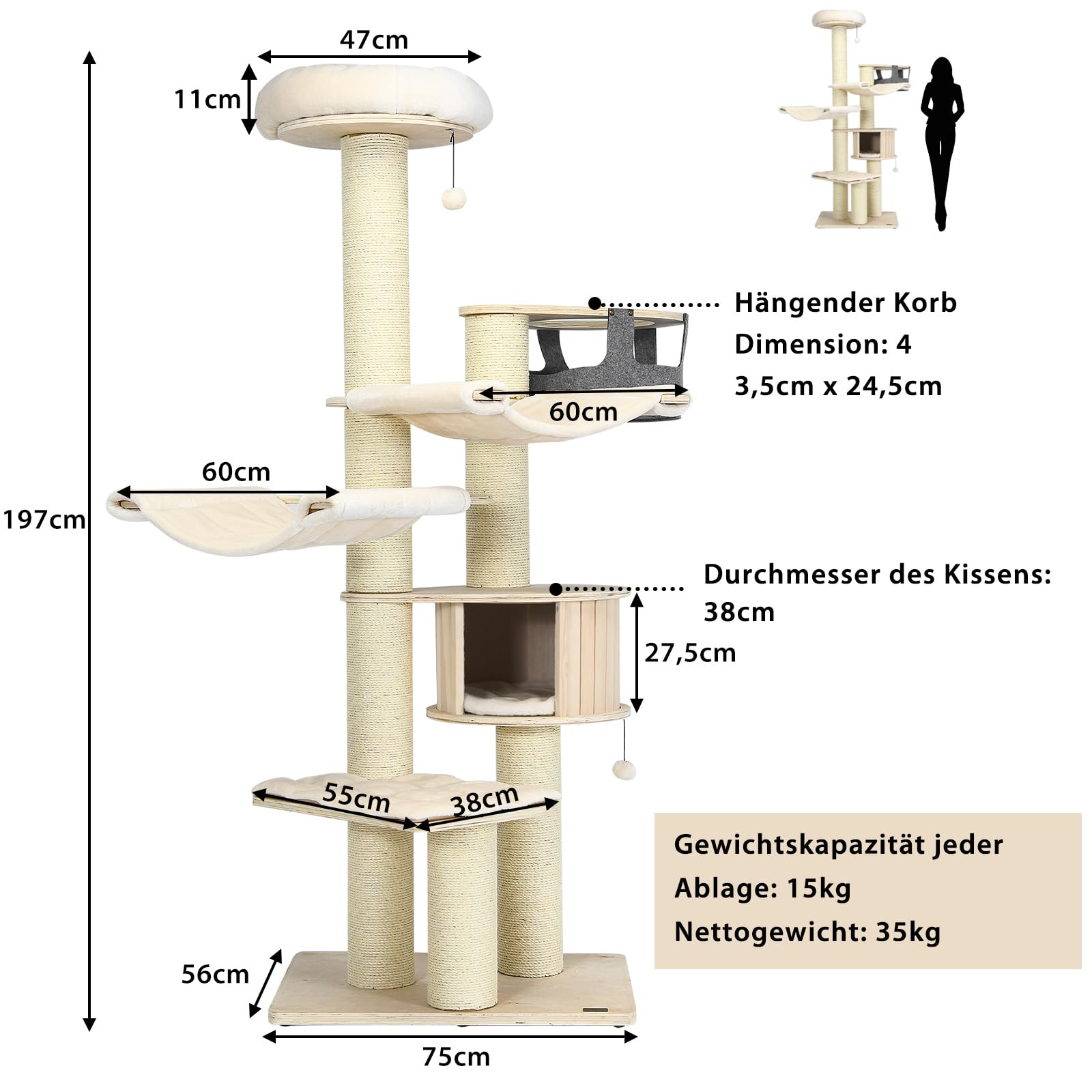 COSTWAY Drapak duży, 197 cm, drzewo dla kota z hamakiem i jaskinią dla kota oraz wiszącym koszem i piłkami, pnie o grubości 15 cm, drapak z drewna dla kotów, meble dla kotów, drzewo wspinaczkowe