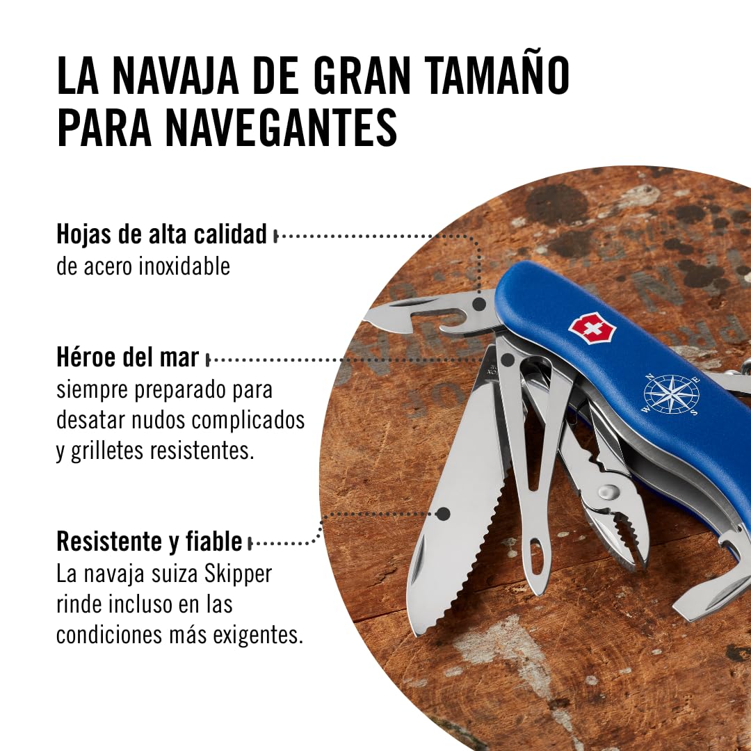 Victorinox Navaja suiza de bolsillo Skipper, navaja para navegar, 5 funciones, Swiss Made, multiherramienta con hoja dentada grande, hoja bloqueable, azul