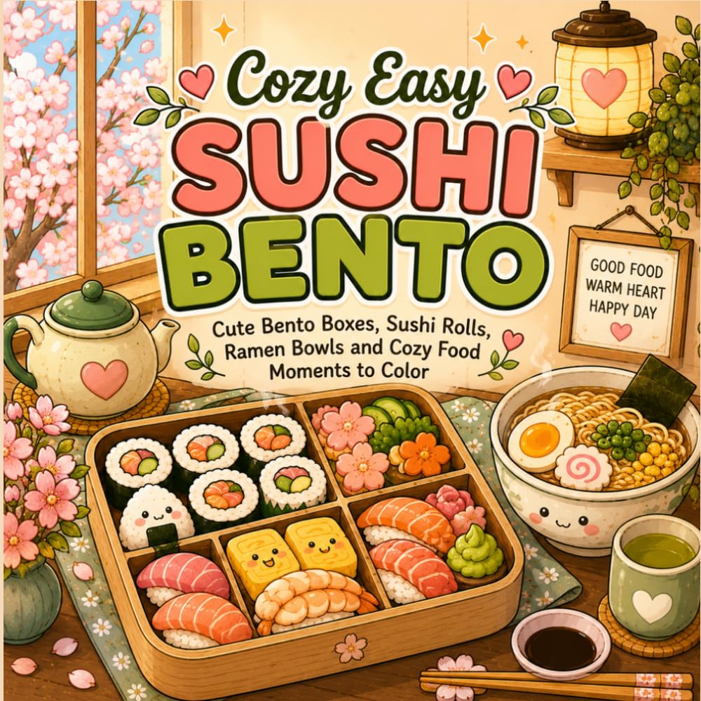 Cozy Easy Sushi Bento: Cute Bento Boxes, Sushi Rolls, Ramen Bowls and Cozy Food Moments to Color