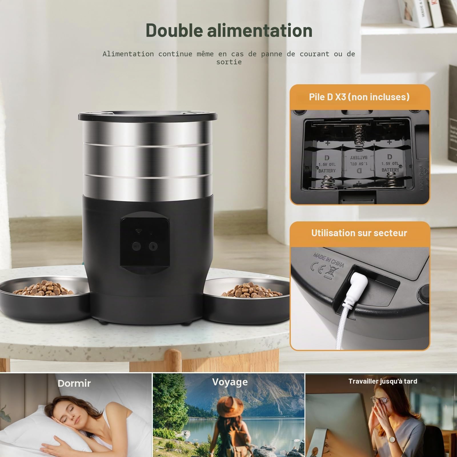 Distributeur Croquettes Chat Automatique Double,INOX Distributeur Croquettes Chien avec 2 Bols,Inoxydable Gamelle Electronique,par Jour Alimentation Personnalisé Distributeur Automatique (APP)
