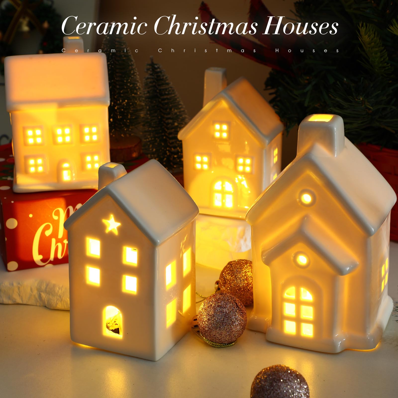 Wesiti Lot de 9 maisons de village de Noël en céramique blanche pure | Mini sapin de Noël lumineux à DEL, accessoire d'hiver, figurine décorative pour Noël, bureau, maison, table, chambre