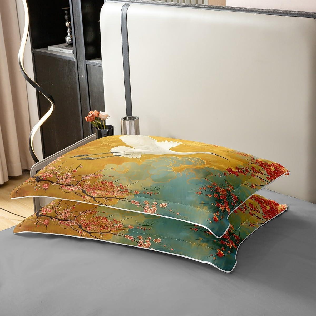 Erosebridal Crane Bird 100% Cotton Bedding Set King Size Plum Bossom Bedclothes for Kids Men Women Floral Japanese Ukiyo-E Teal Blue Yellow Comforter Cover Soft Comfy Duvet Cover