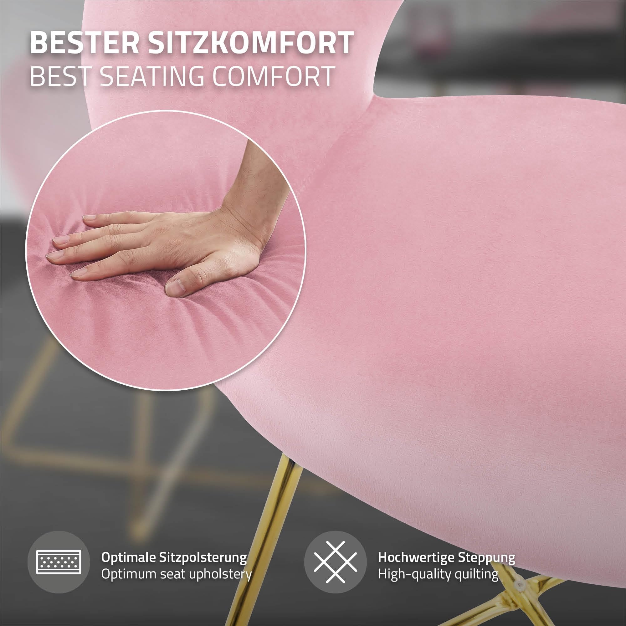 ML-Design Esszimmerstuhl aus Samt, Rosa, Wohnzimmerstuhl mit runder Rückenlehne, Polsterstuhl mit goldene Metallbeine, Ergonomische Sessel für Esstisch, Küchenstuhl, Schalenstuhl, Schminktisch Stuhl Küche, Haushalt & Wohnen