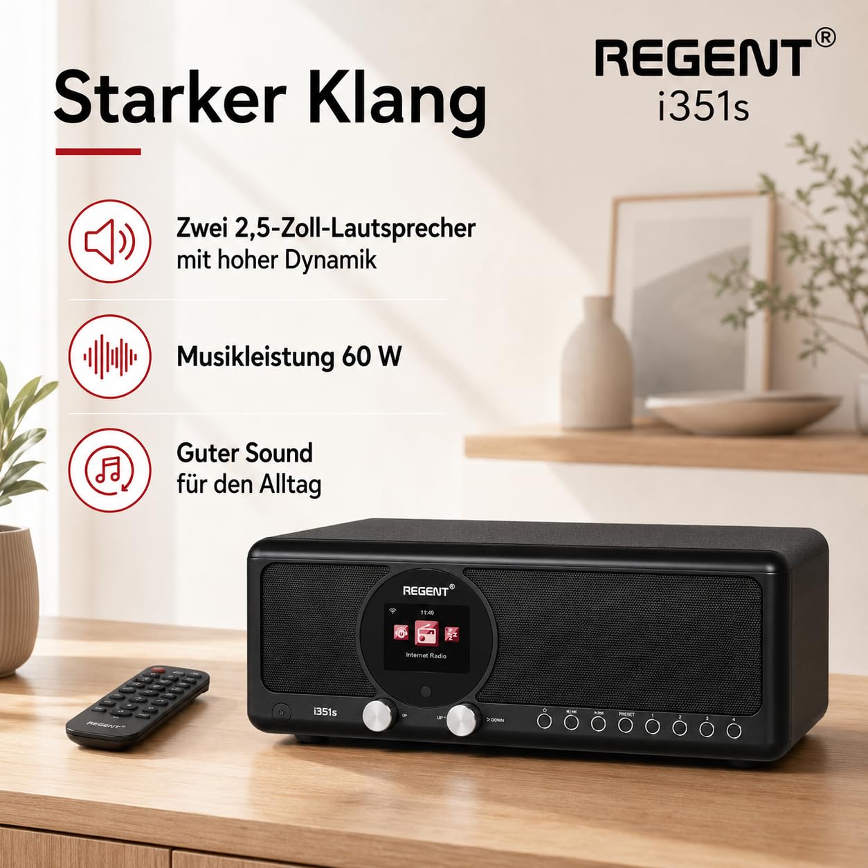 Ferguson Regent i351S – Internetradio WLAN, DAB+ Radio mit Bluetooth, Spotify Connect, Farbdisplay, Dual Alarm, Fernbedienungs-App, einzigartige Bluetooth-Sender Two Way BT (Schwarz)