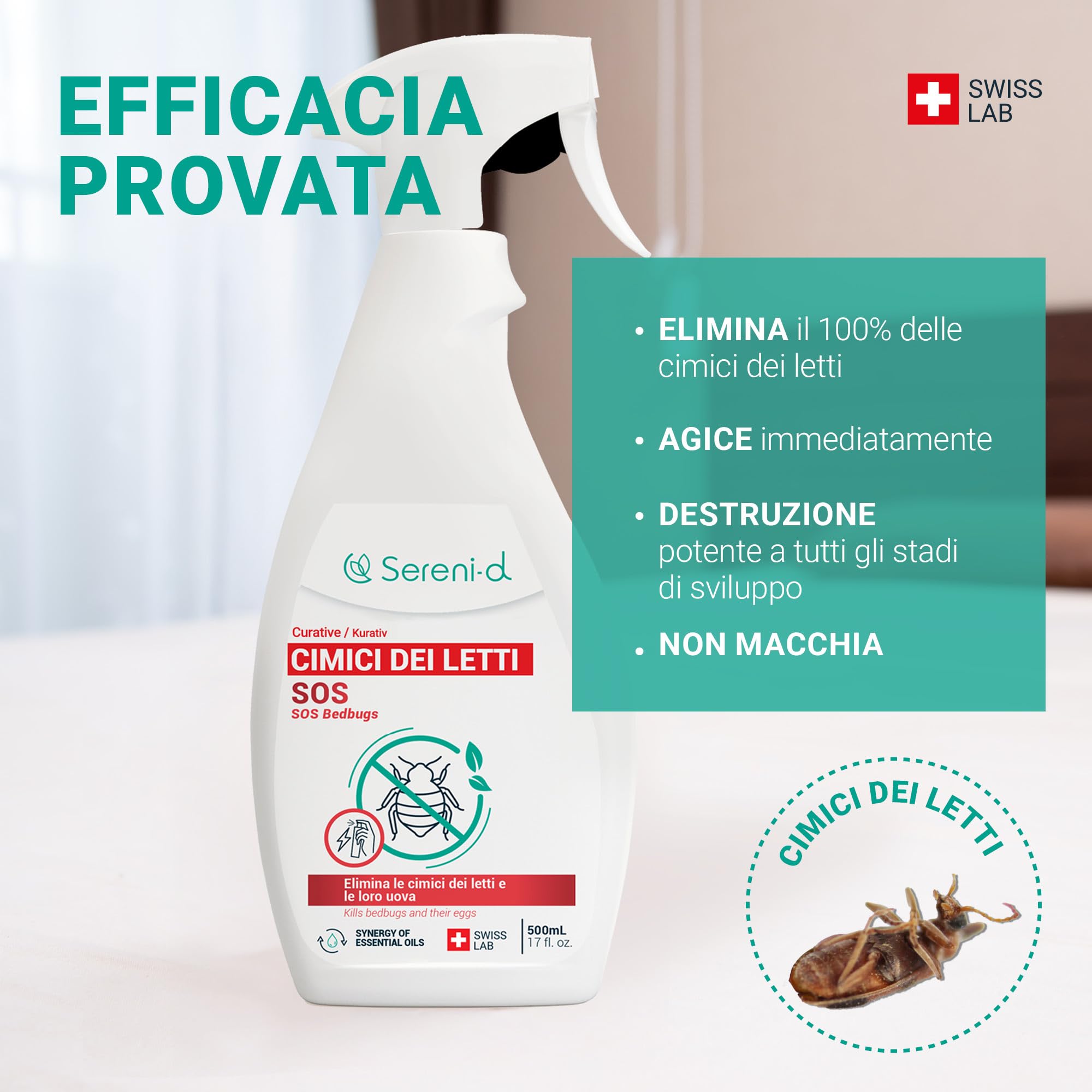 SOS ANTI CIMICI DA LETTO XXL - Spray Insetticida CHOC Trattamento naturale con Oli Essenziali e Fiore di Piretro Vegetale - Disinfestazione facile e rapida delle cimici da letto - 500 mL - Swiss Lab
