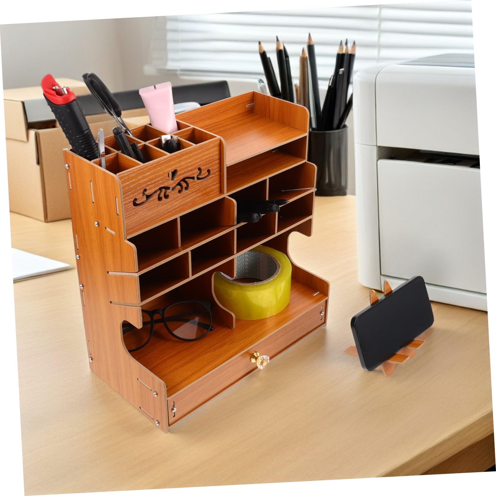 Organizer Penne in Legno con Base Stabile Grande Capacità e Scomparti Multipli per Cancelleria Porta Penne da Scrivania Elegante e Funzionale per Ufficio