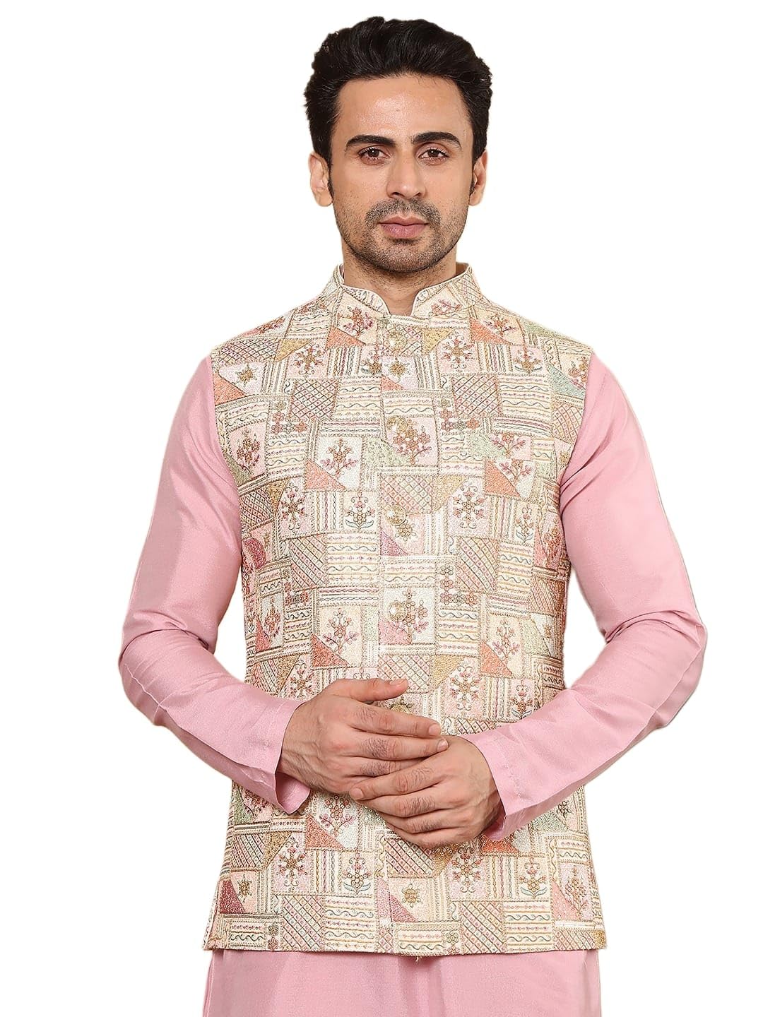 Men's Multi-Colour Embroidered Band Neck Woven Design Nehru Jacket-image-39