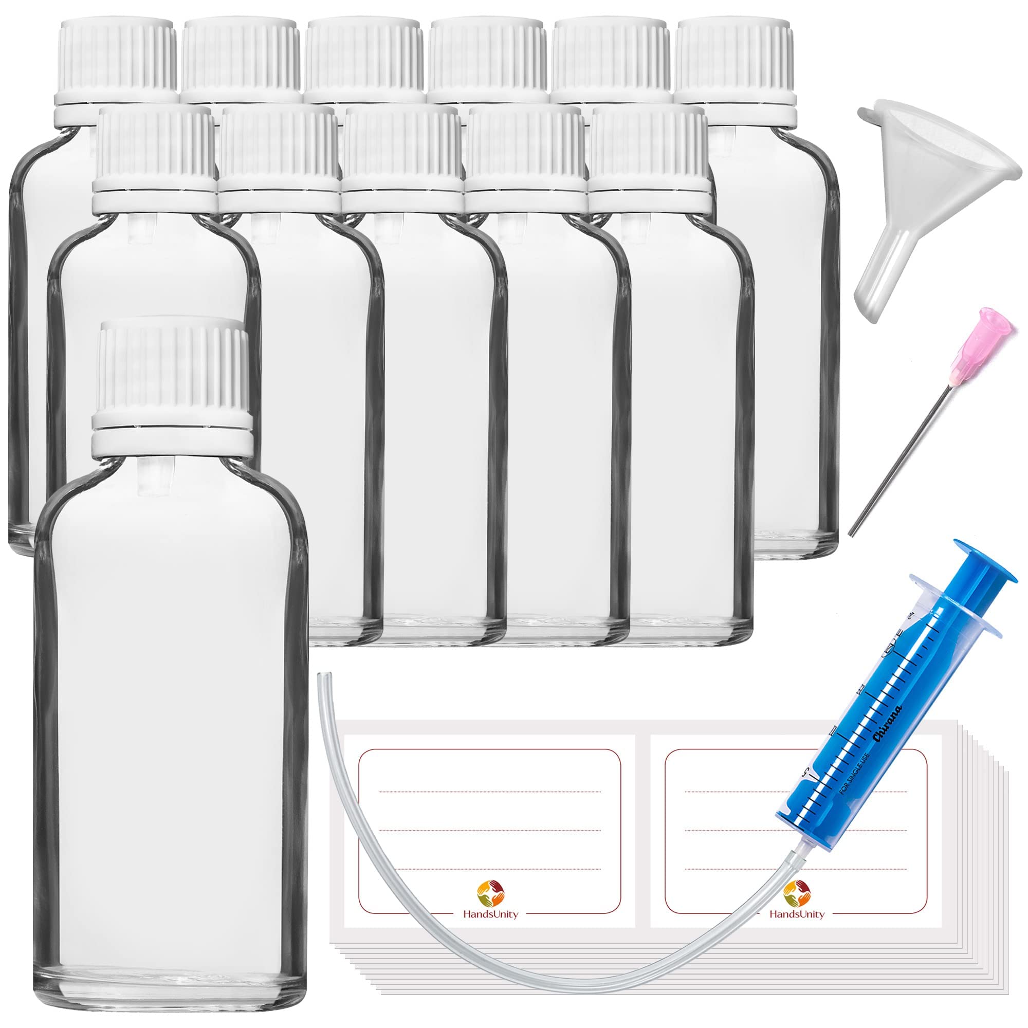 50ml-12 pièces de Flacon à Insert Compte-gouttes - Flacon en Verre Transparent de type Apothicaire avec Bouchon à Insert Compte-gouttes Blanc en Verre Clair comprenant 30 Accessoires