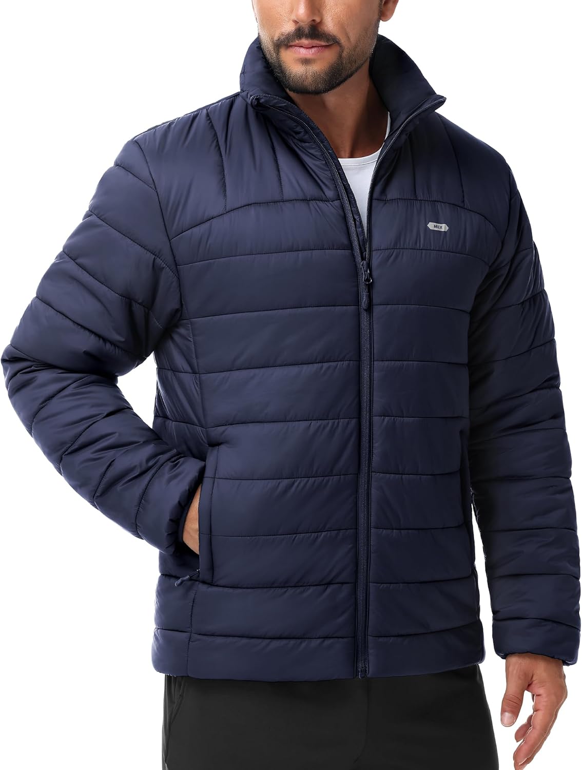 Puffer Jacket Men, Lightweight Packable Winter Coats with 3 Zipper Pockets for Travel Hiking Casual, 3 Pockets, Navy, L